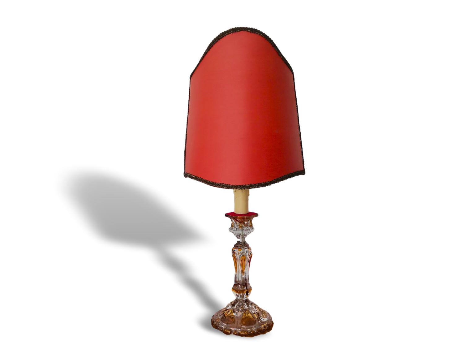 French Art Nouveau Crystal Red Silk Half Shade Table Lamp, 1940s