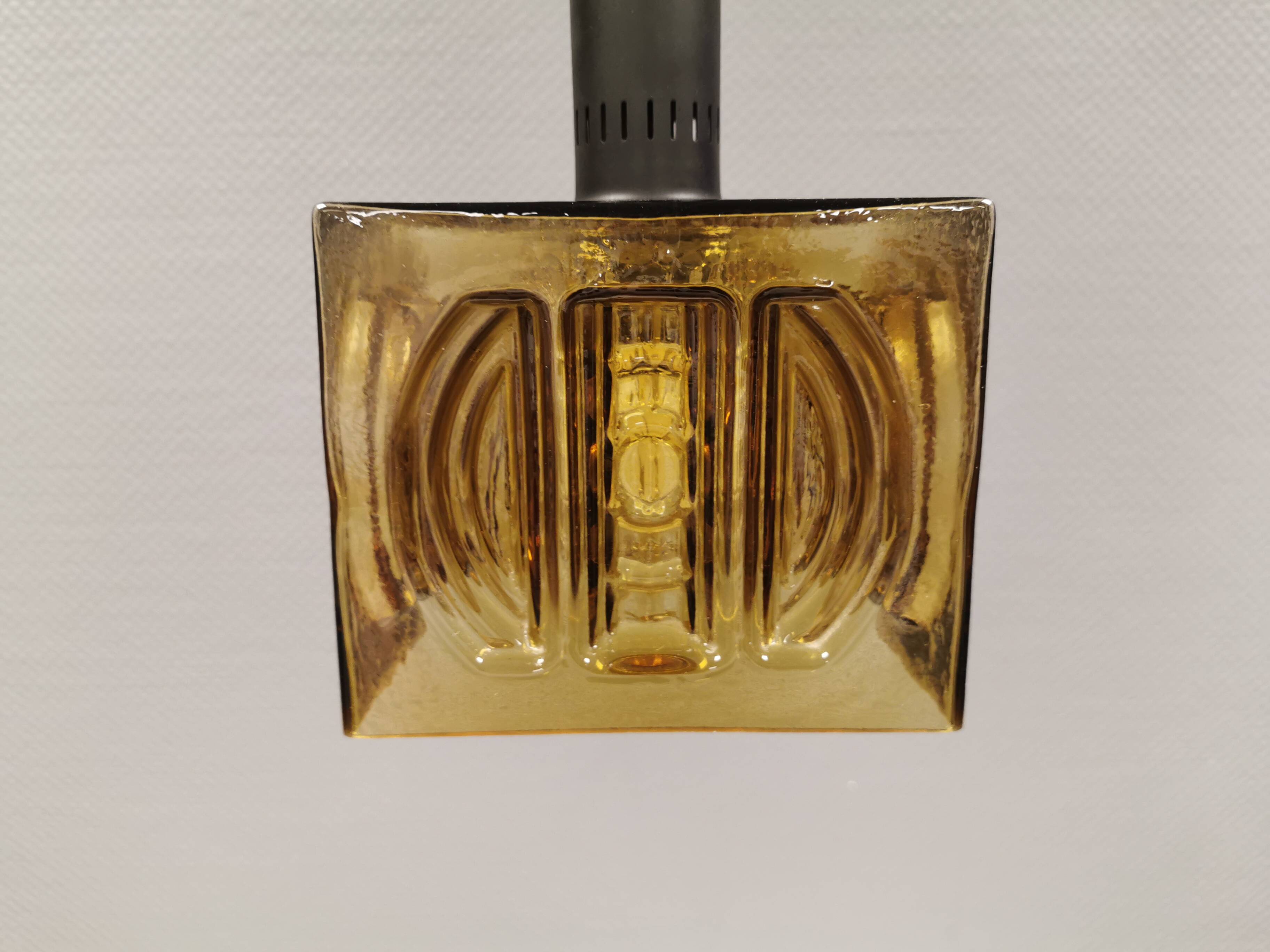 Older square hanging lamp with olive colored outer glass with inner shade of crystal glass
