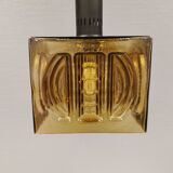 Older square hanging lamp with olive colored outer glass with inner shade of crystal glass