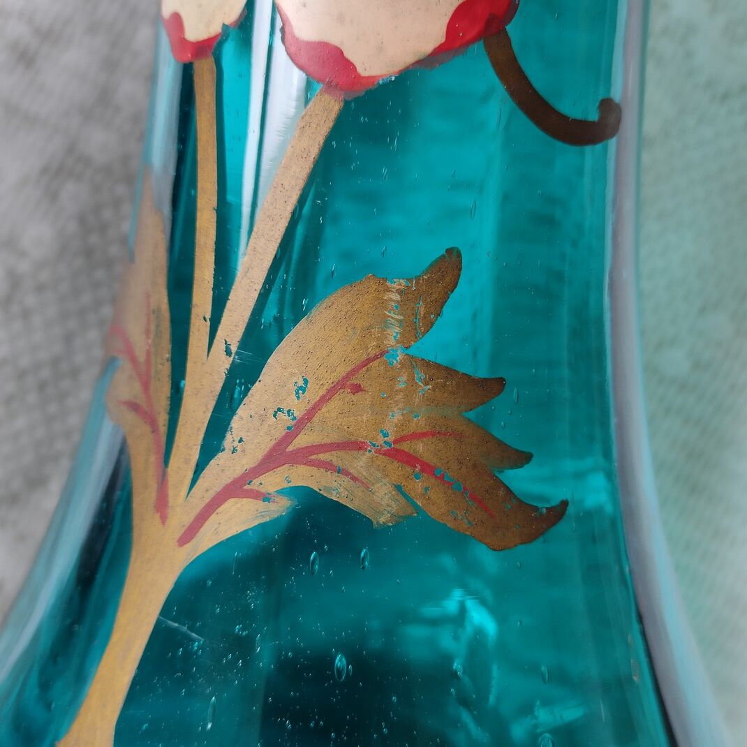 Large art nouveau turquoise blown glass vase