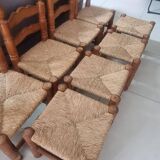 4 chairs and stools, brutalist art, straw and wood