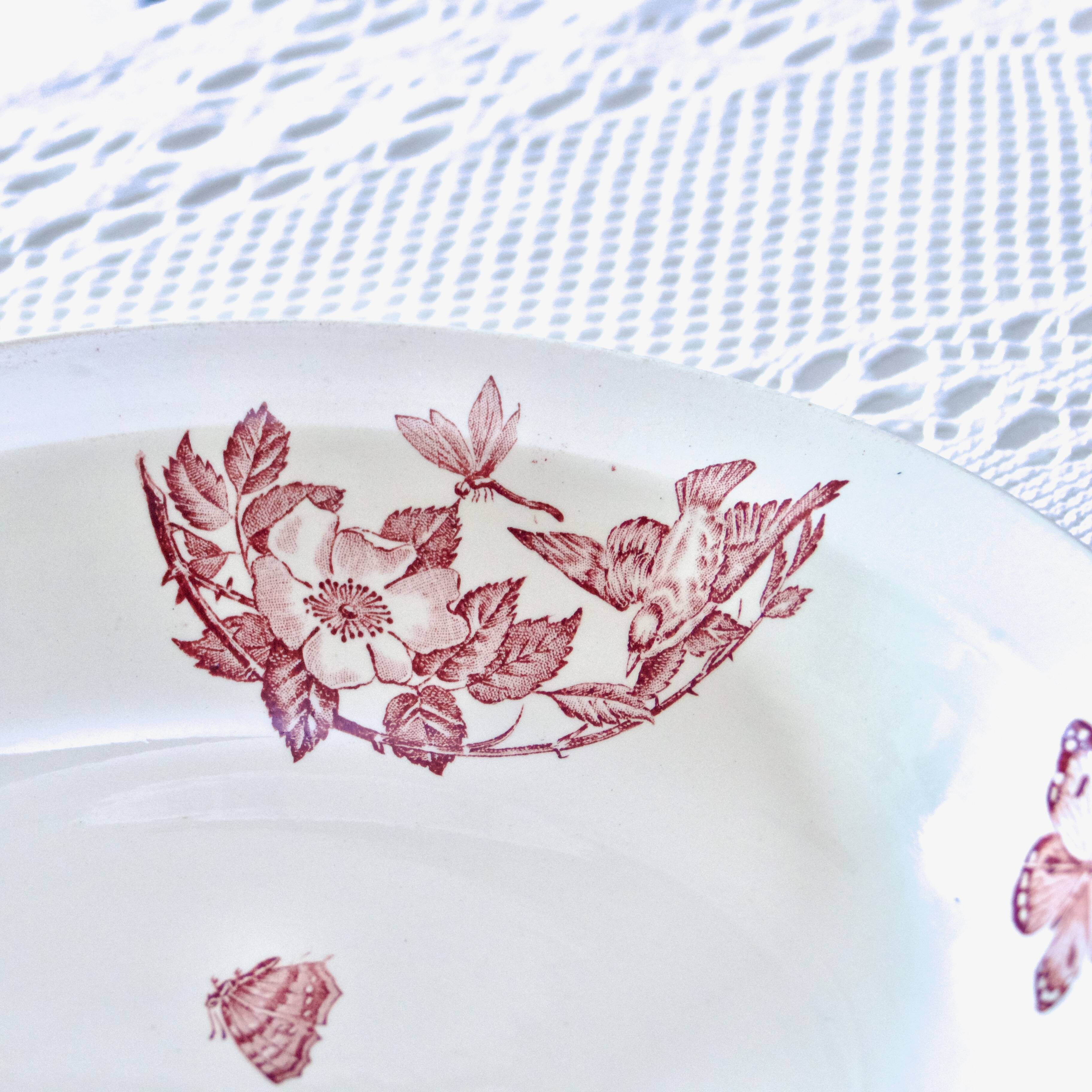 Large 19th century pink ironstone salad bowl with birds, dragonfly and butterflies, Badonviller