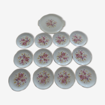 Service à gâteaux 13 Pièces de qualité motif fleurs en porcelaine de marque GIEN