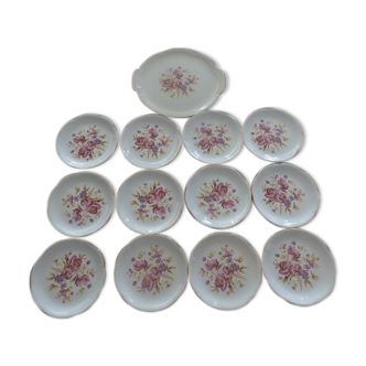 Service à gâteaux 13 Pièces de qualité motif fleurs en porcelaine de marque GIEN