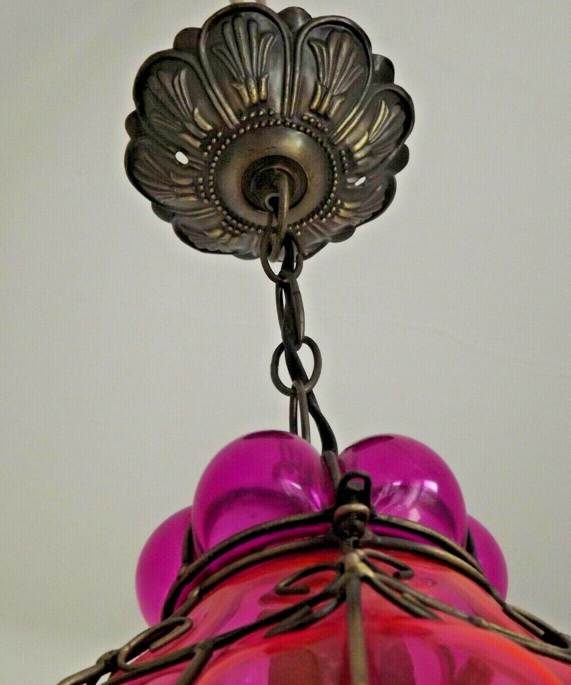 Beautiful Shaded Deep Pink  Murano Blown Glass Wrought Iron Ceiling Light