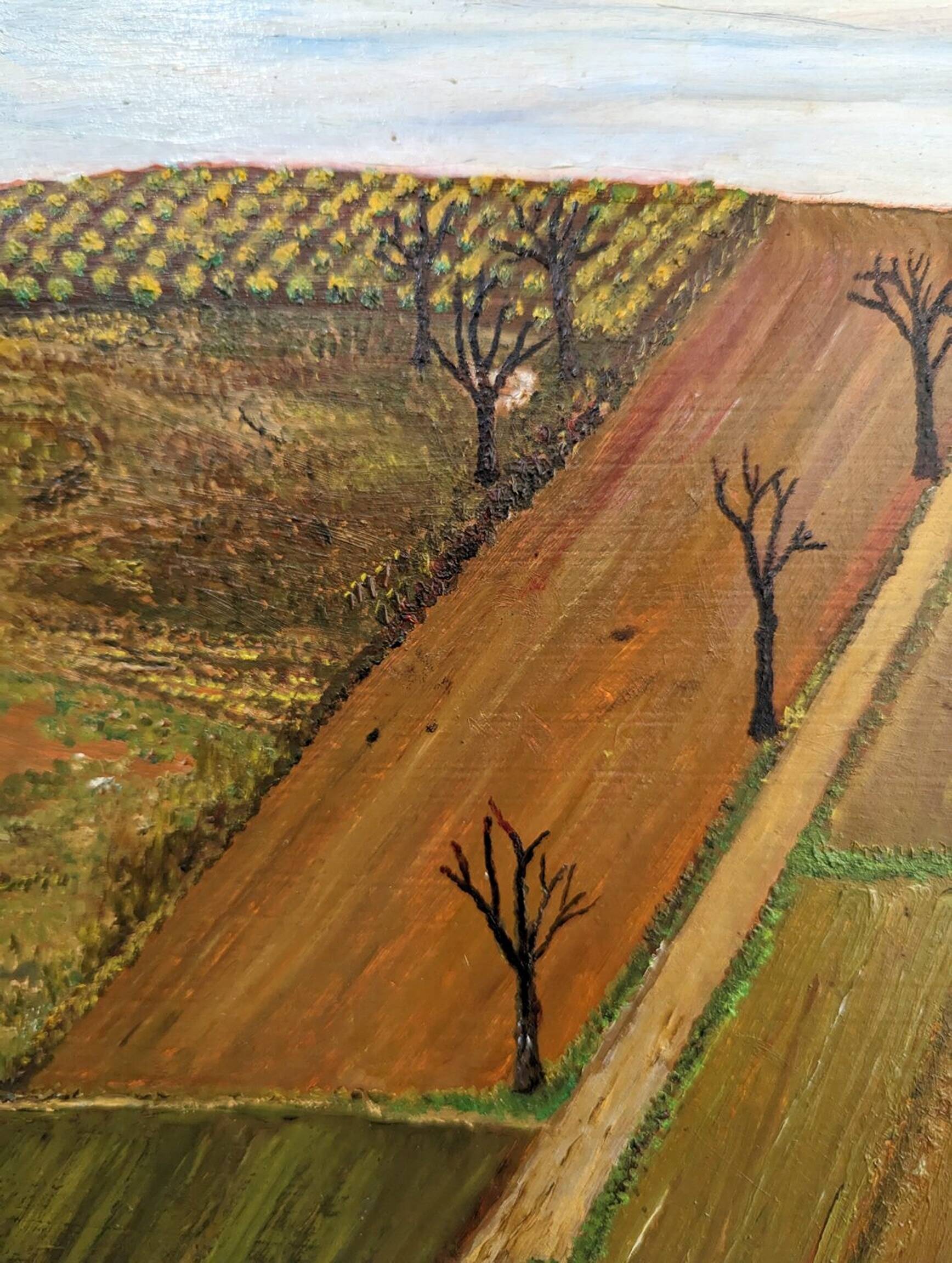 Mid-Century Modern "The Working Farm" Vintage Naïve Style Landscape Oil Painting, Framed