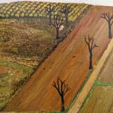 Mid-Century Modern "The Working Farm" Vintage Naïve Style Landscape Oil Painting, Framed