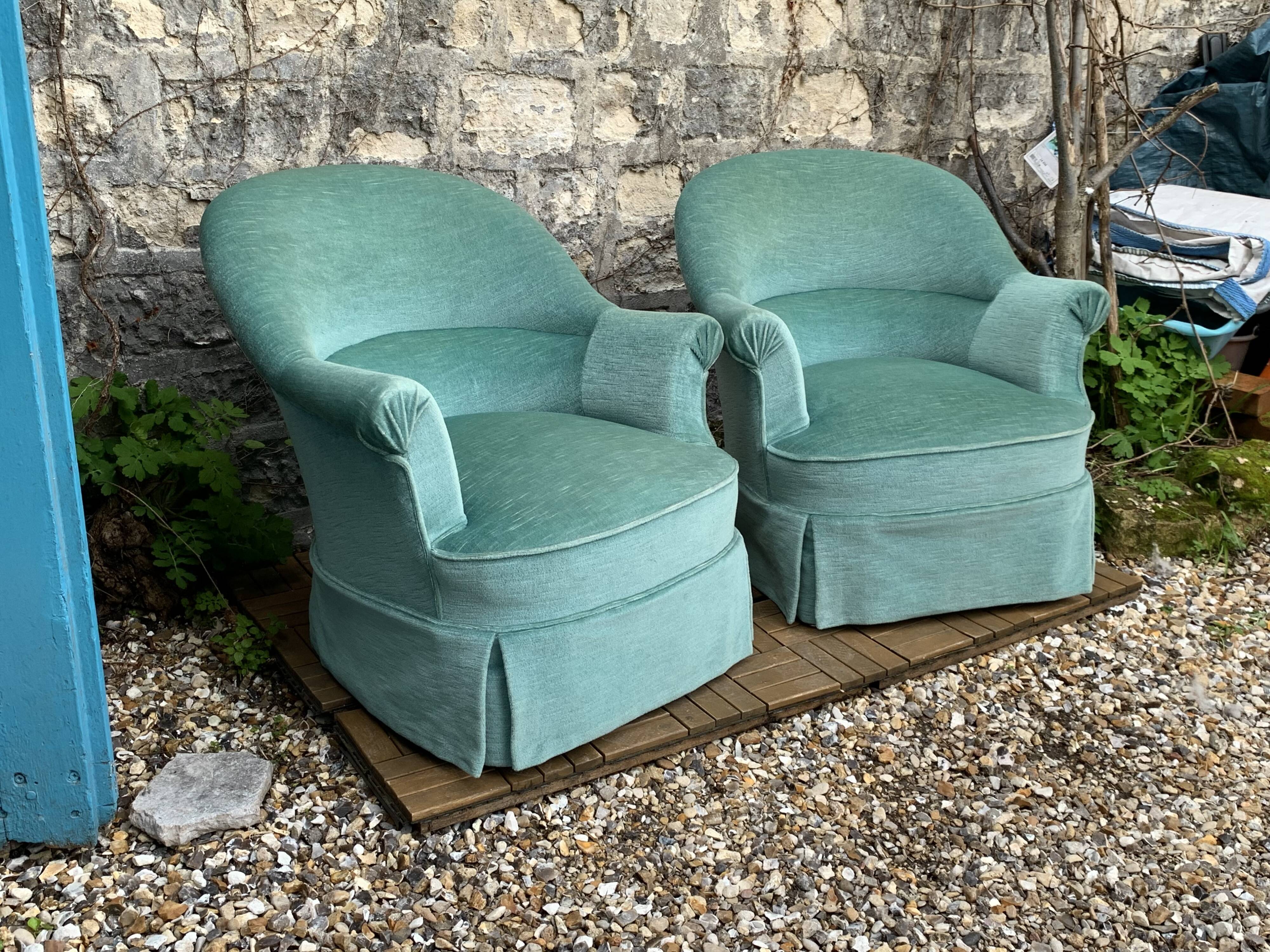 Pair of toad armchairs in water green velvet, 1970