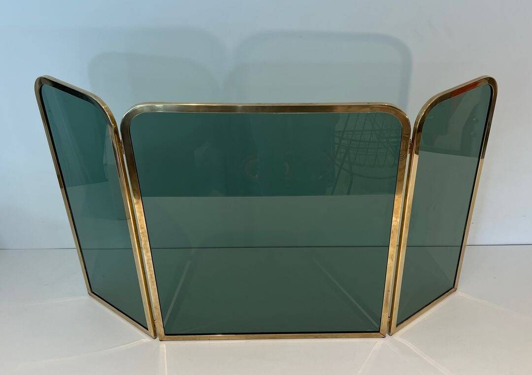 Three-Panel Folding Fire Screen in Tinted Green Glass with Brass Frame