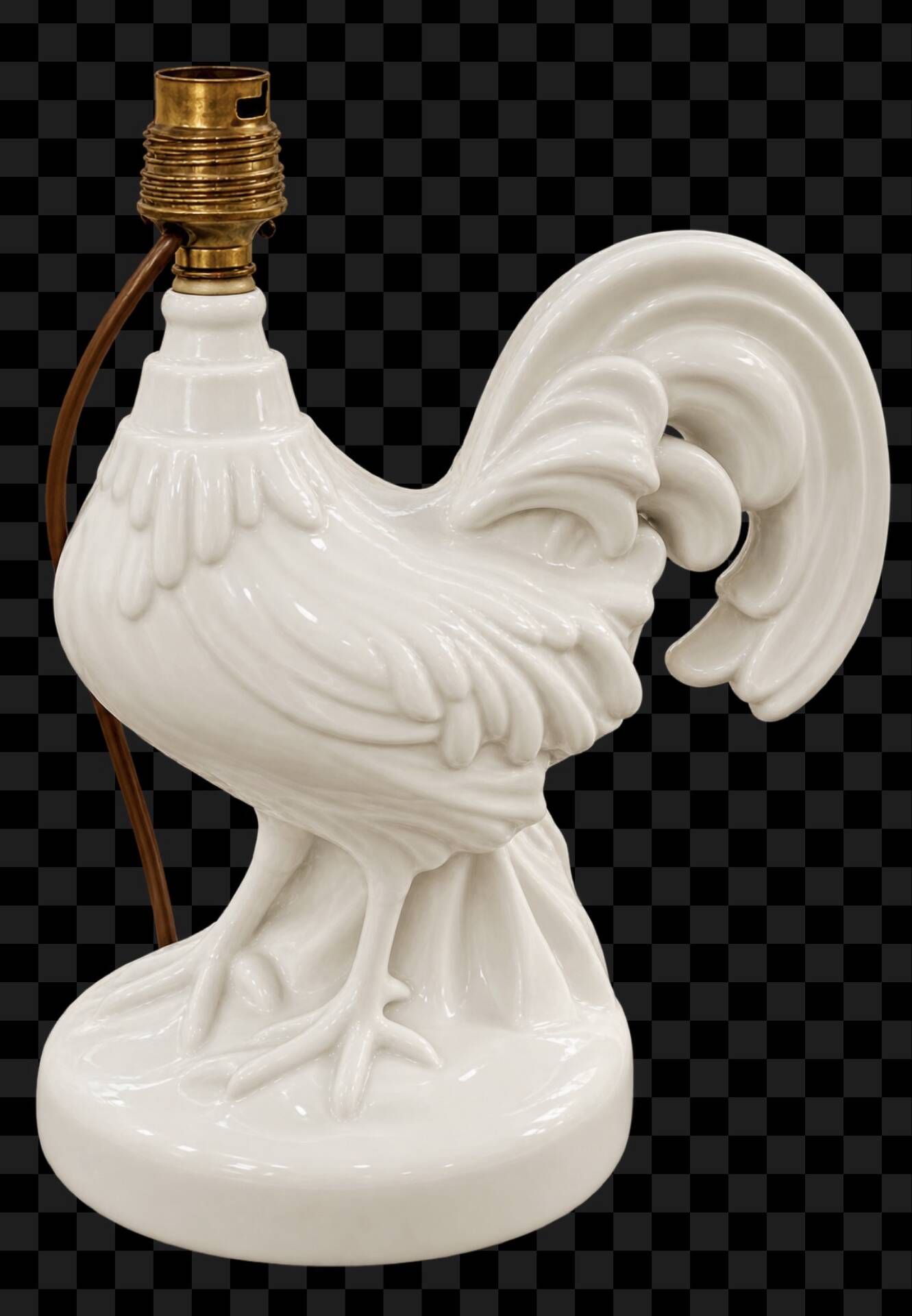 Pair of vintage rooster lamps in white glazed ceramic.