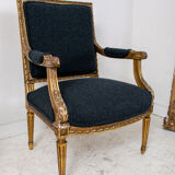 Pair of 19th century Louis XVI gilt armchairs newly re upholstered in holland and sherry fabric