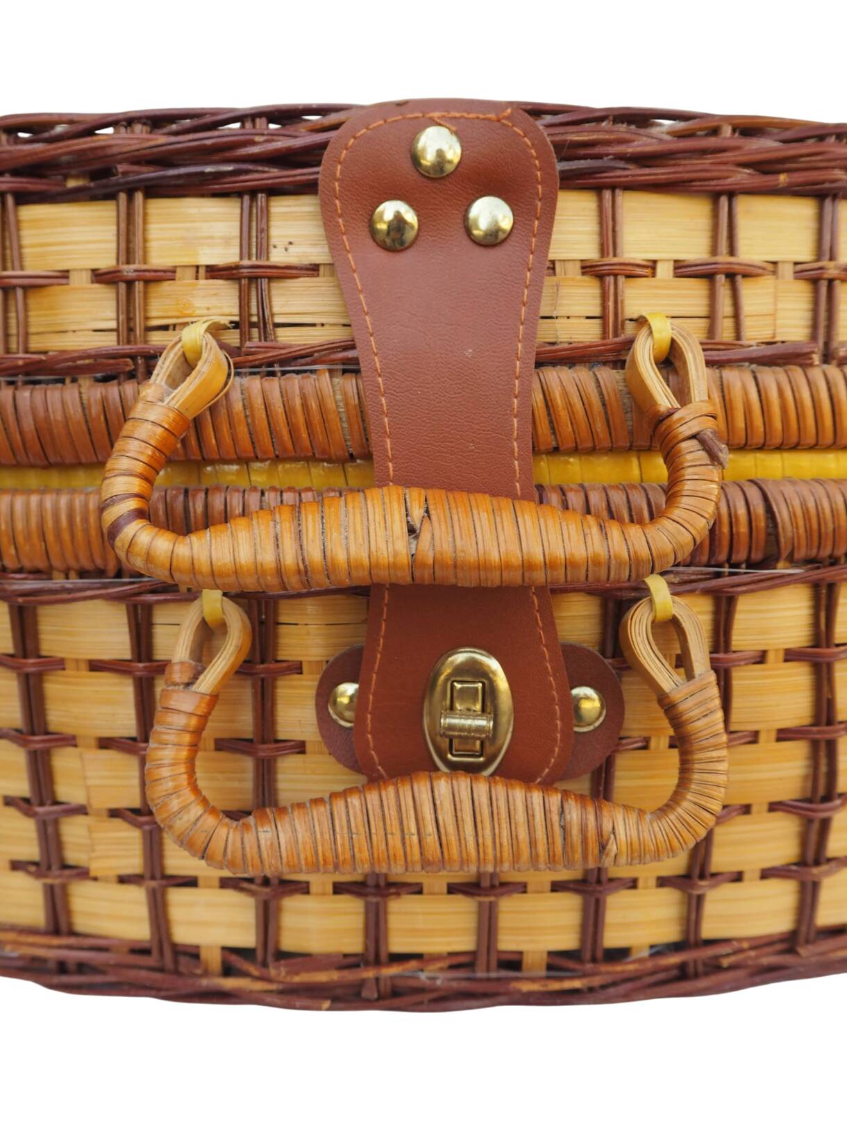 Wicker picnic basket, blue gingham interior.