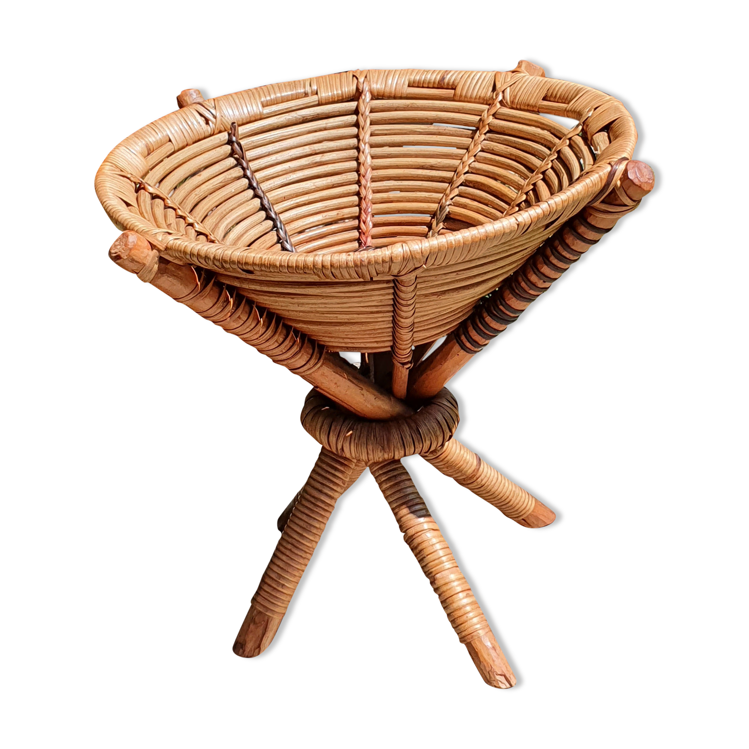 Basket on wooden and woven wicker legs 1950