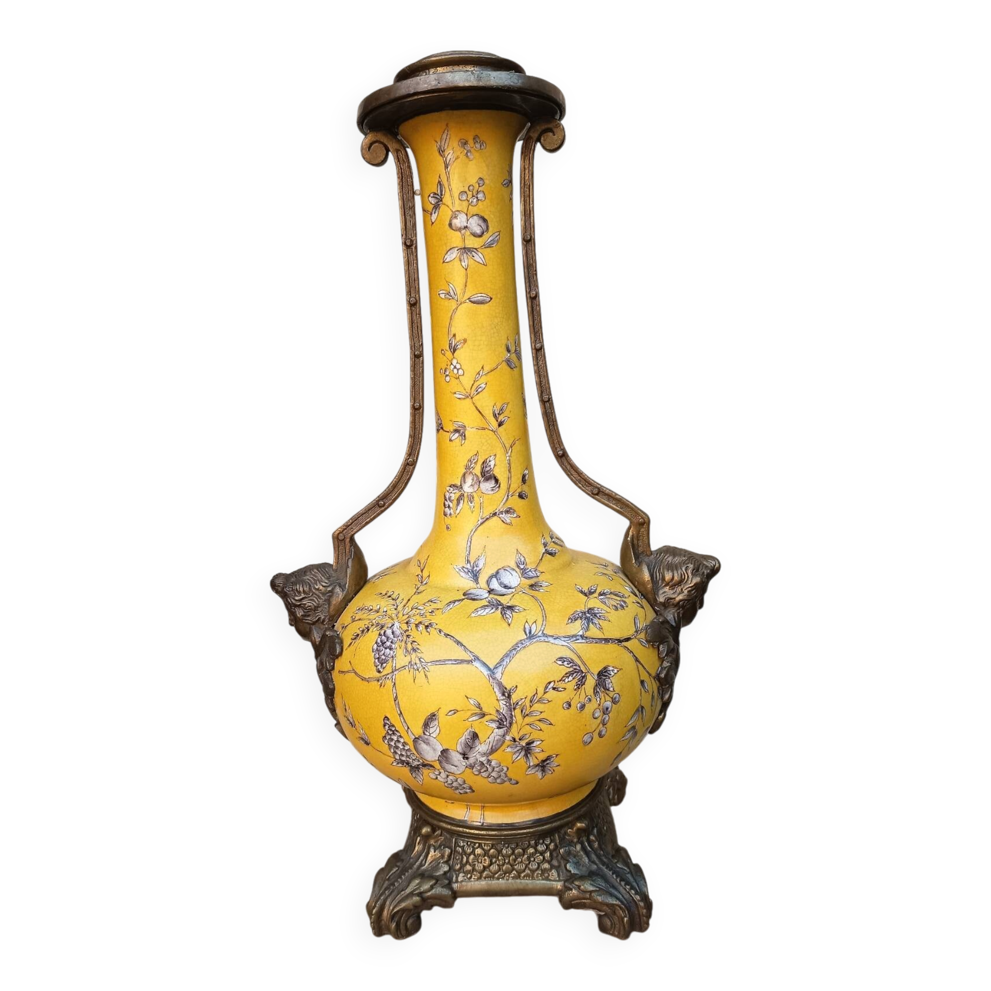 Large lamp base - 43 cm - yellow earthenware with polychrome glazes - 20th century