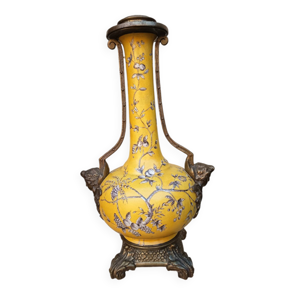 Grand pied de lampe - 43 cm - faïence jaune émaux polychromes-XXe
