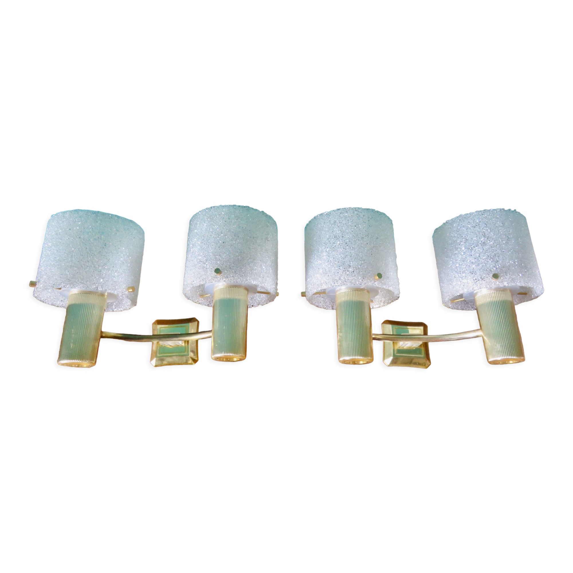 Pair of brass and gold plastic sconces with granite lampshades, France 1950