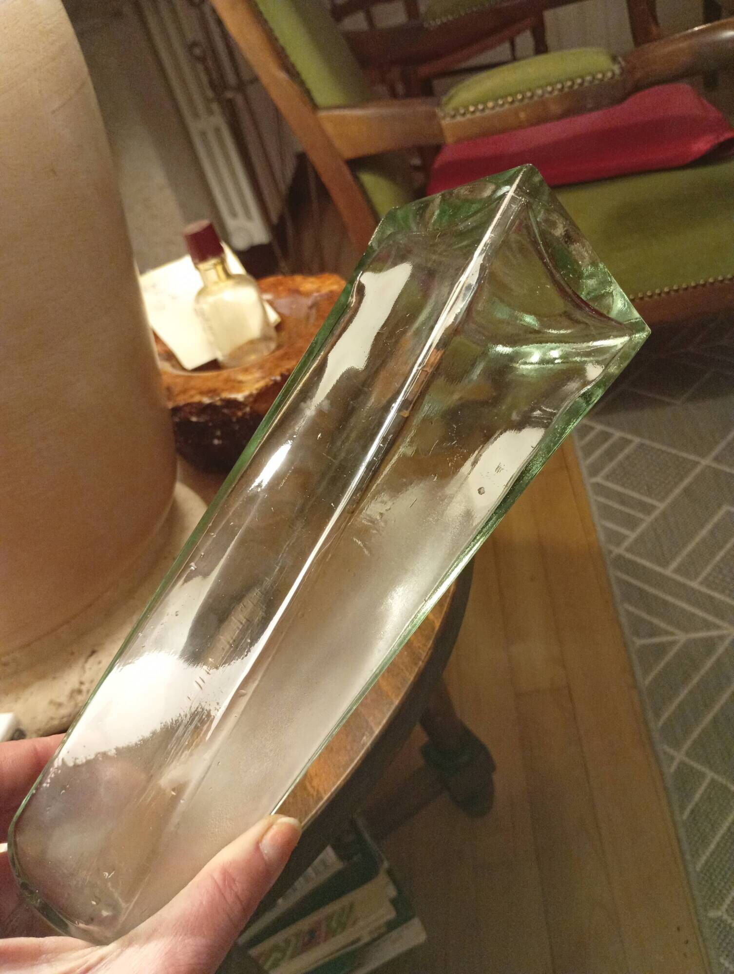 Green blown glass carafe/vase with chrome metal lid, vintage.