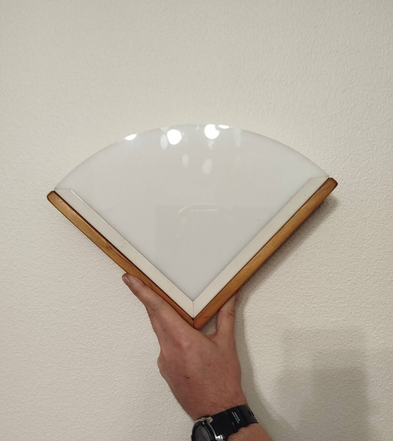 Pair of postmodern wood and plexiglass wall lights from the 1980s.