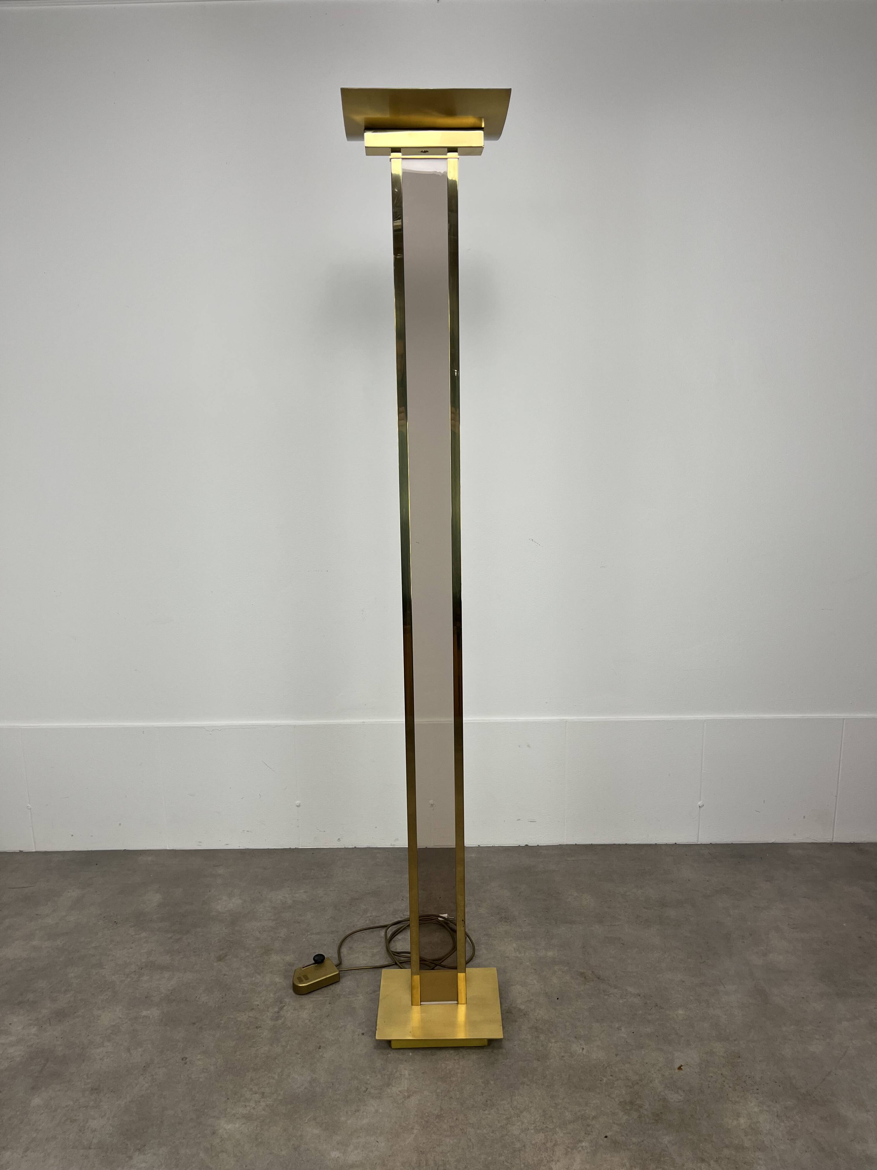 70s floor lamp in brass and smoked plexiglass, Hollywood Regency