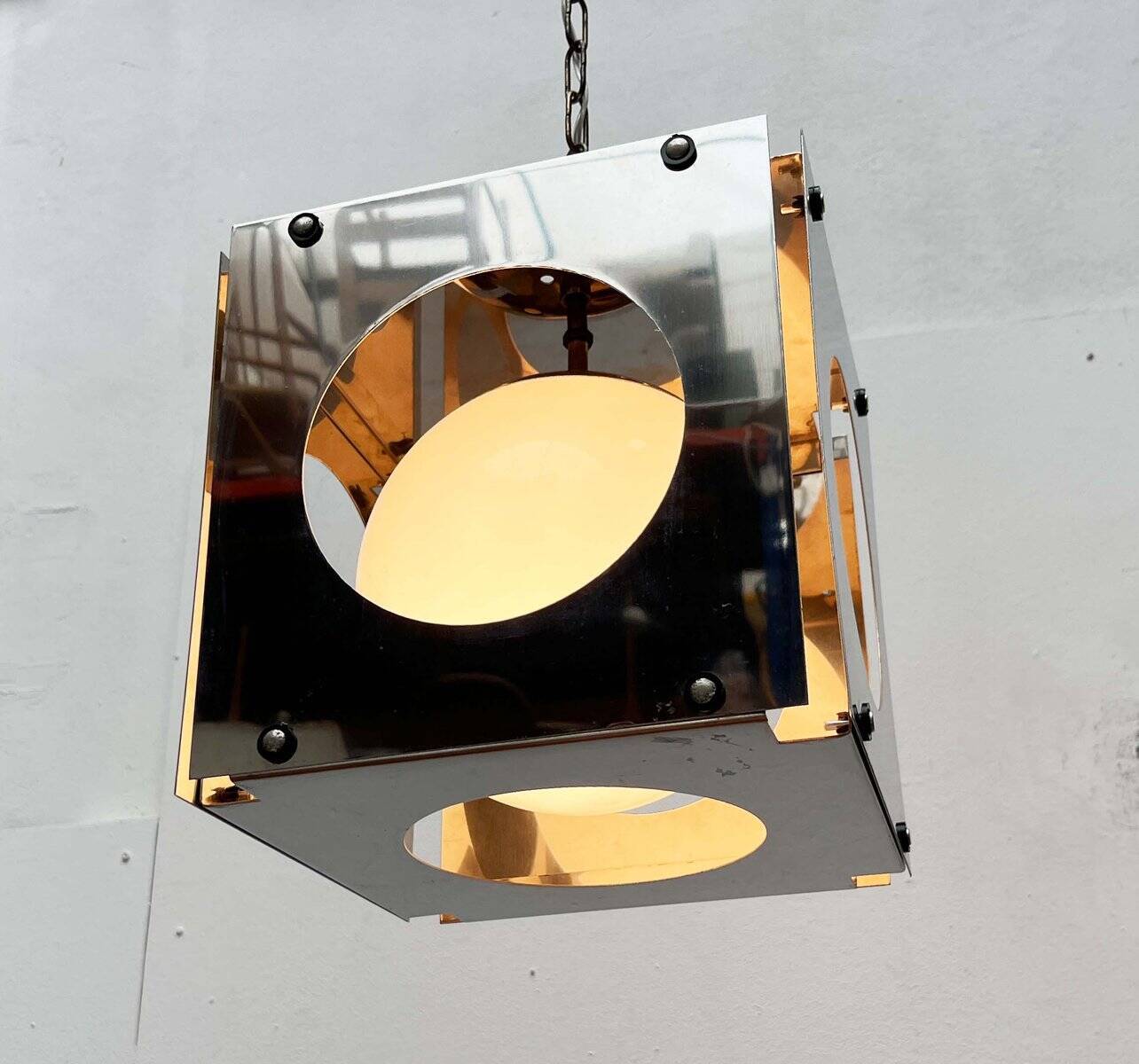 Metal and glass pendant lamp Cubo in Italian Space Age style from the mid-century by Tronconi, 1960s.