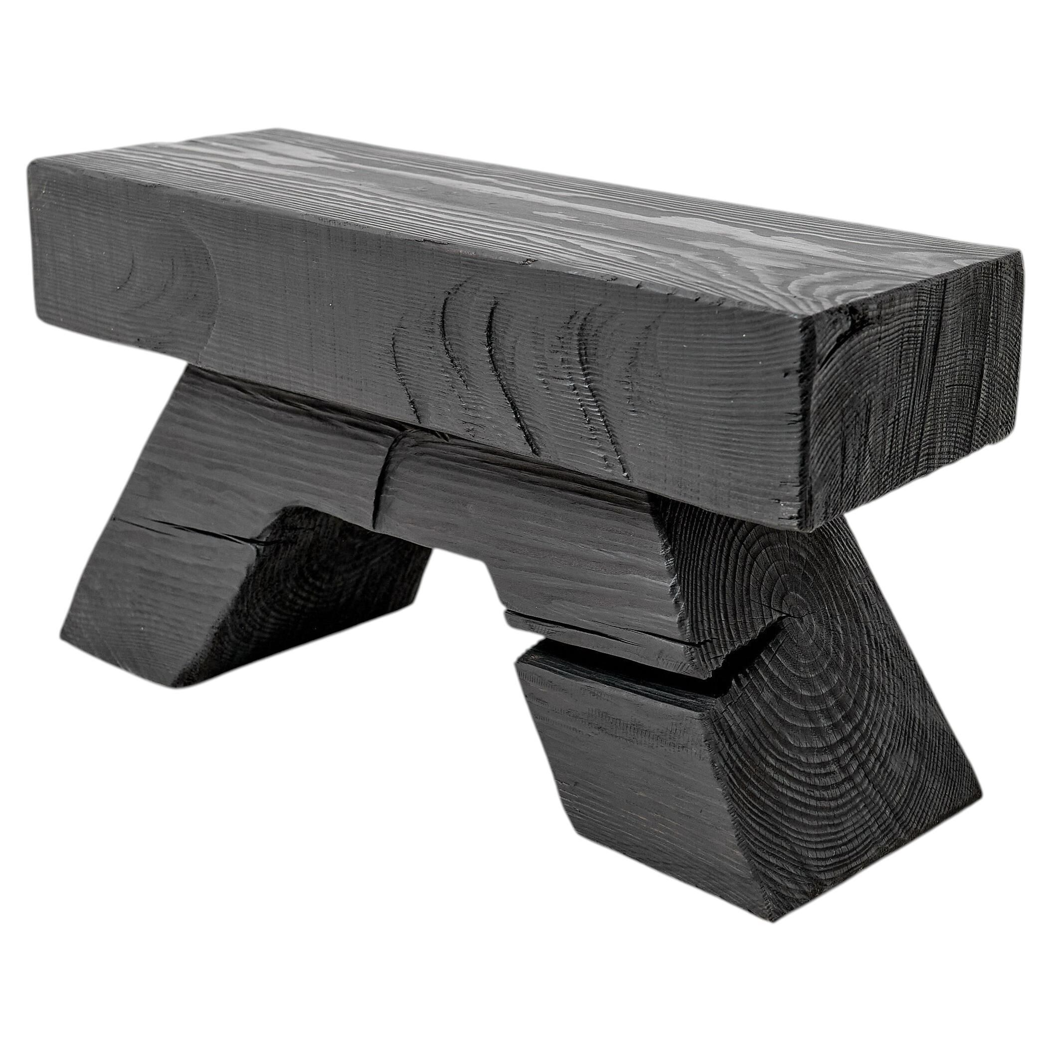 Sculptural Hardwood Stool, Side Table, Charred Wood, Hand-Carved, Logniture