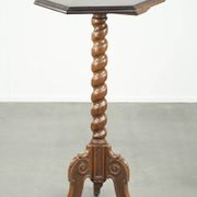 Antique tall oak plant/side table with wood carving and a turned leg