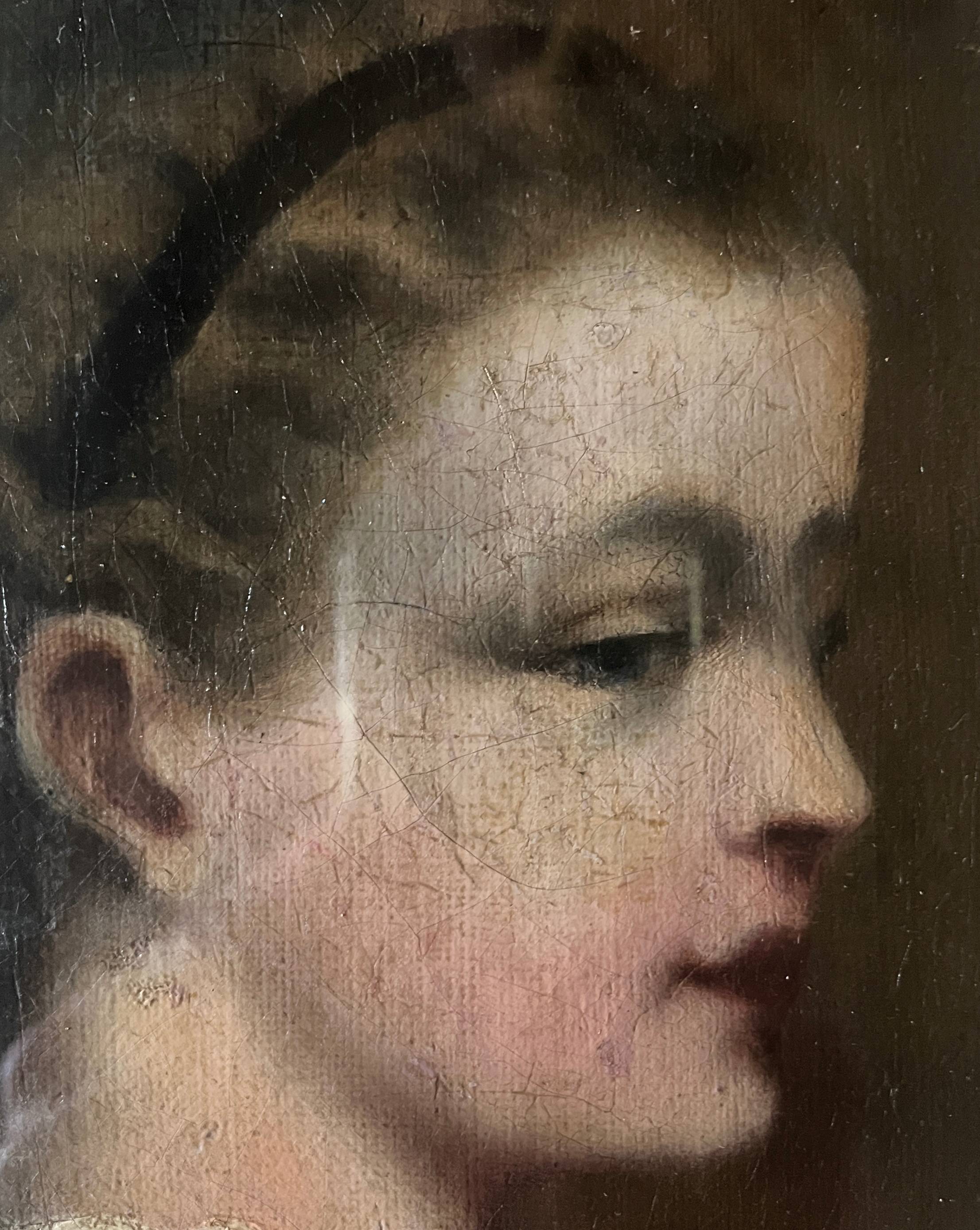 HST/P painting "Family portrait, Young woman" 19th century + frame