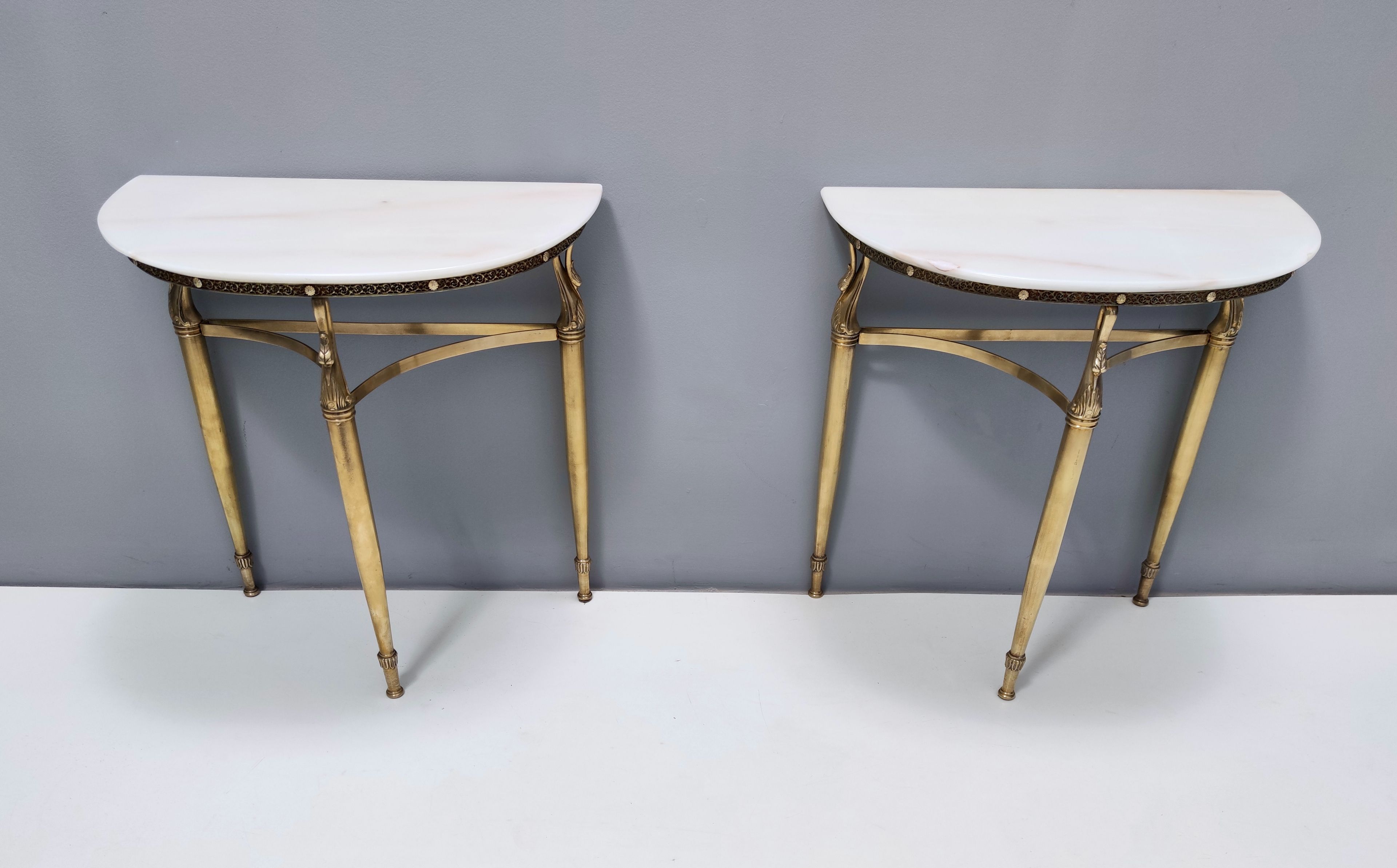 Pair of Nightstands / Console Tables with Marble Tops and Brass Legs, Italy