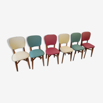 6 chaises vintage années 50/60, structure bois et revêtement en skaï.