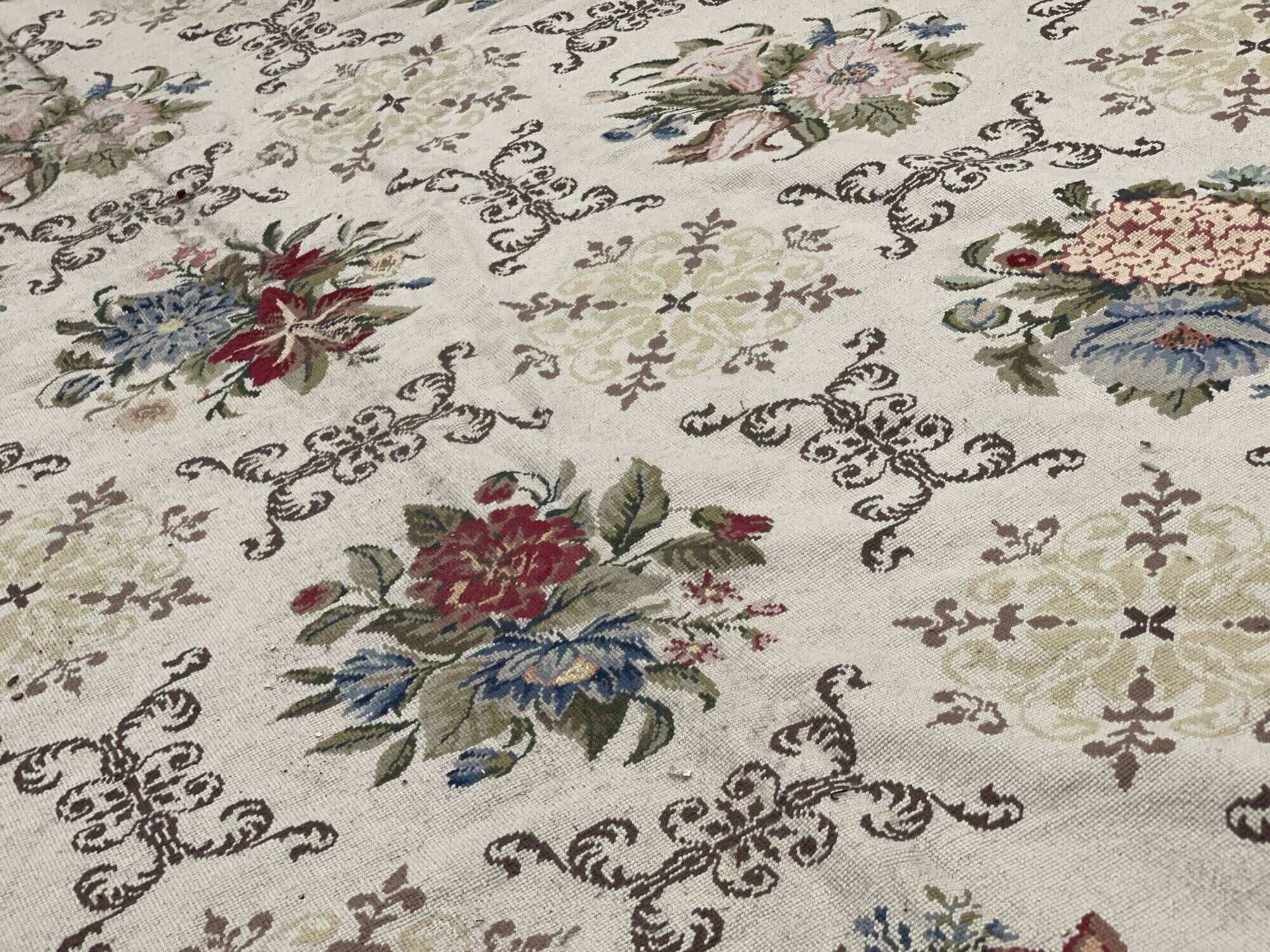 Very Large Aubusson Style Needlepoint Rug 360x470 cm Blue Floral Flatweave Wool