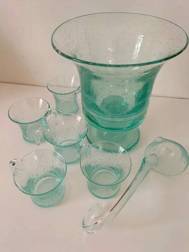 Service en verre soufflé bullé vert d'eau – Coupe sur pied, 5 tasses et louche
