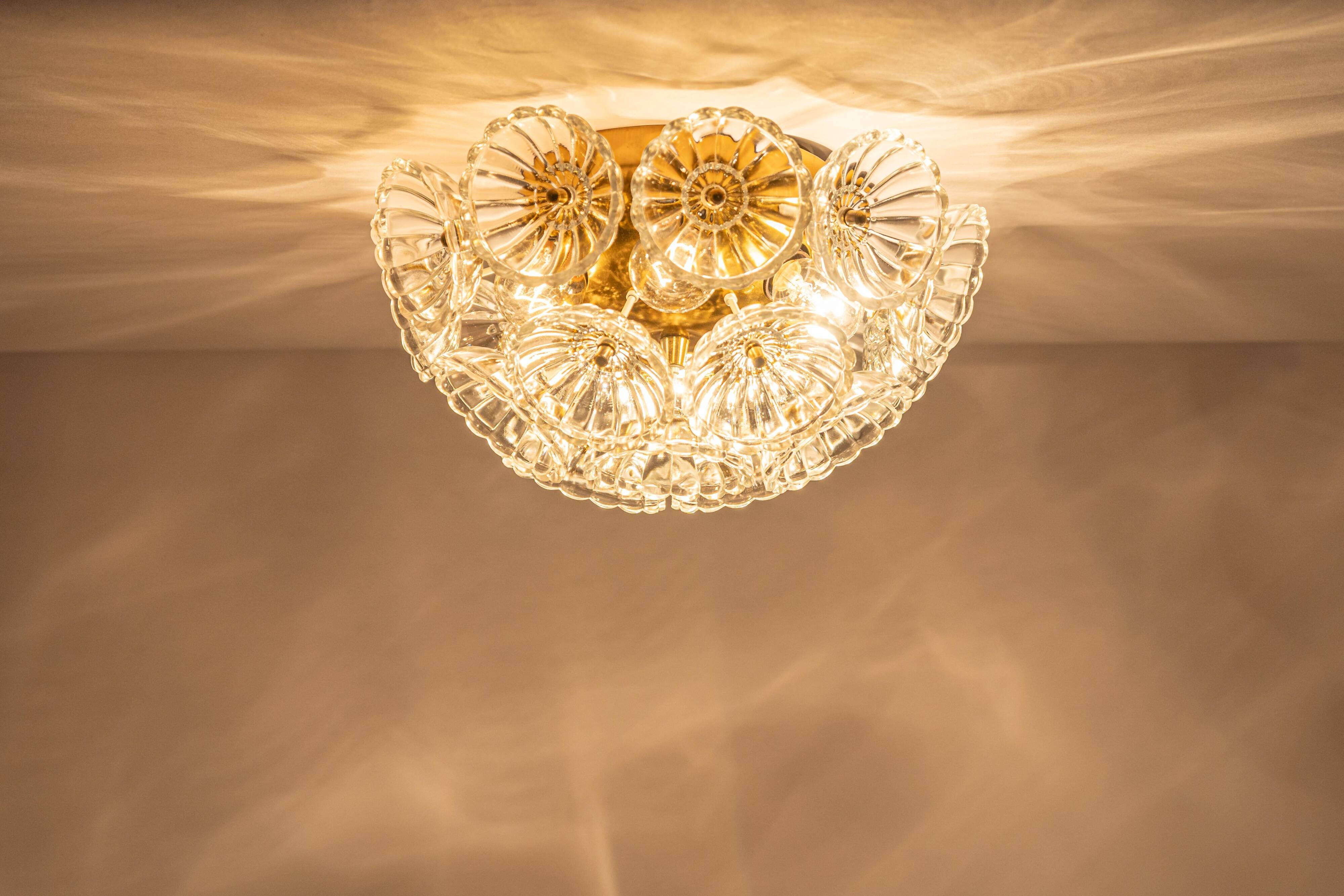 Sputnik ceiling light in floral glass and brass, Germany, 1960s.