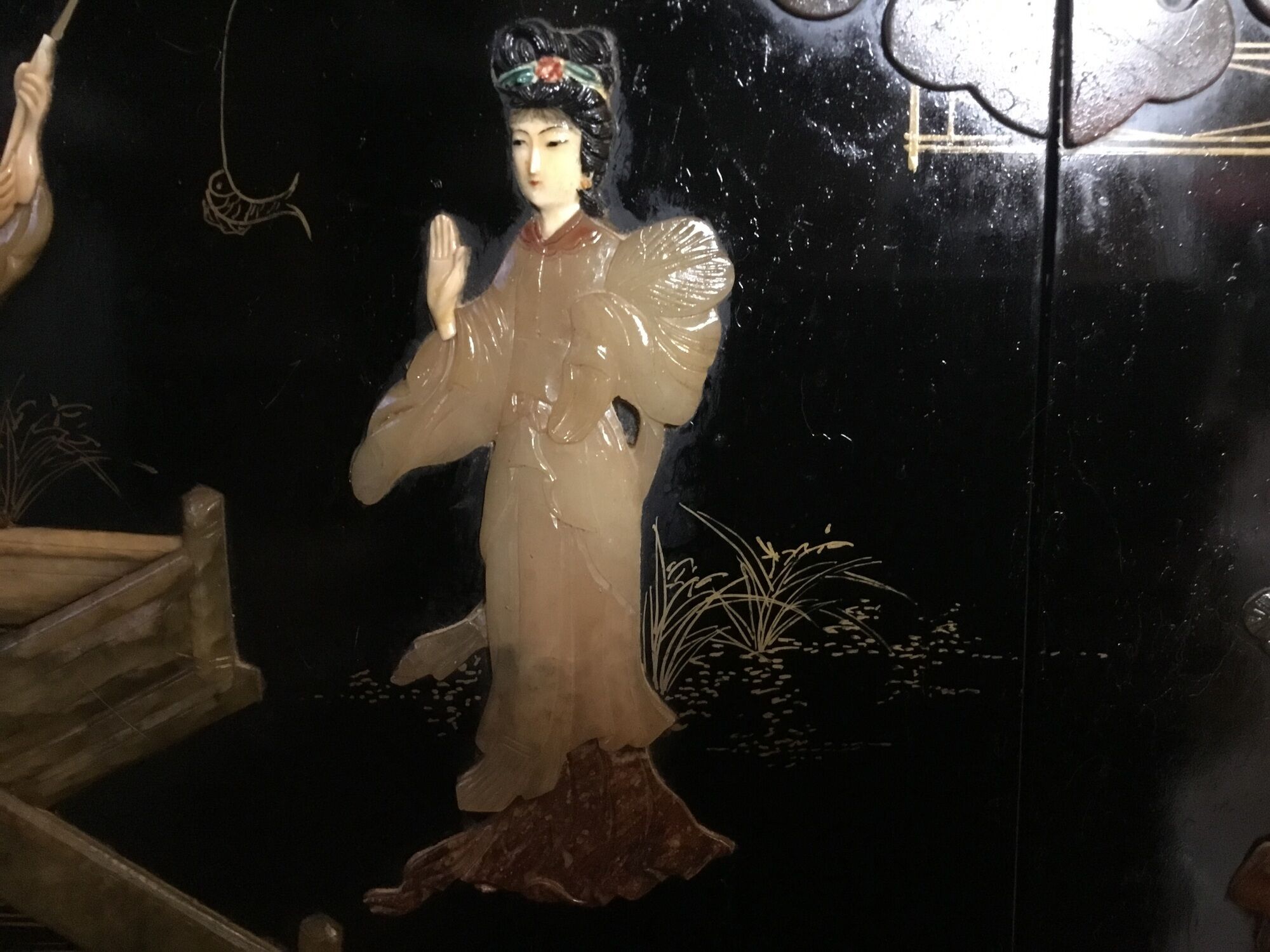 Asian laque furniture embossed motifs mother-of-pearl, stone and other