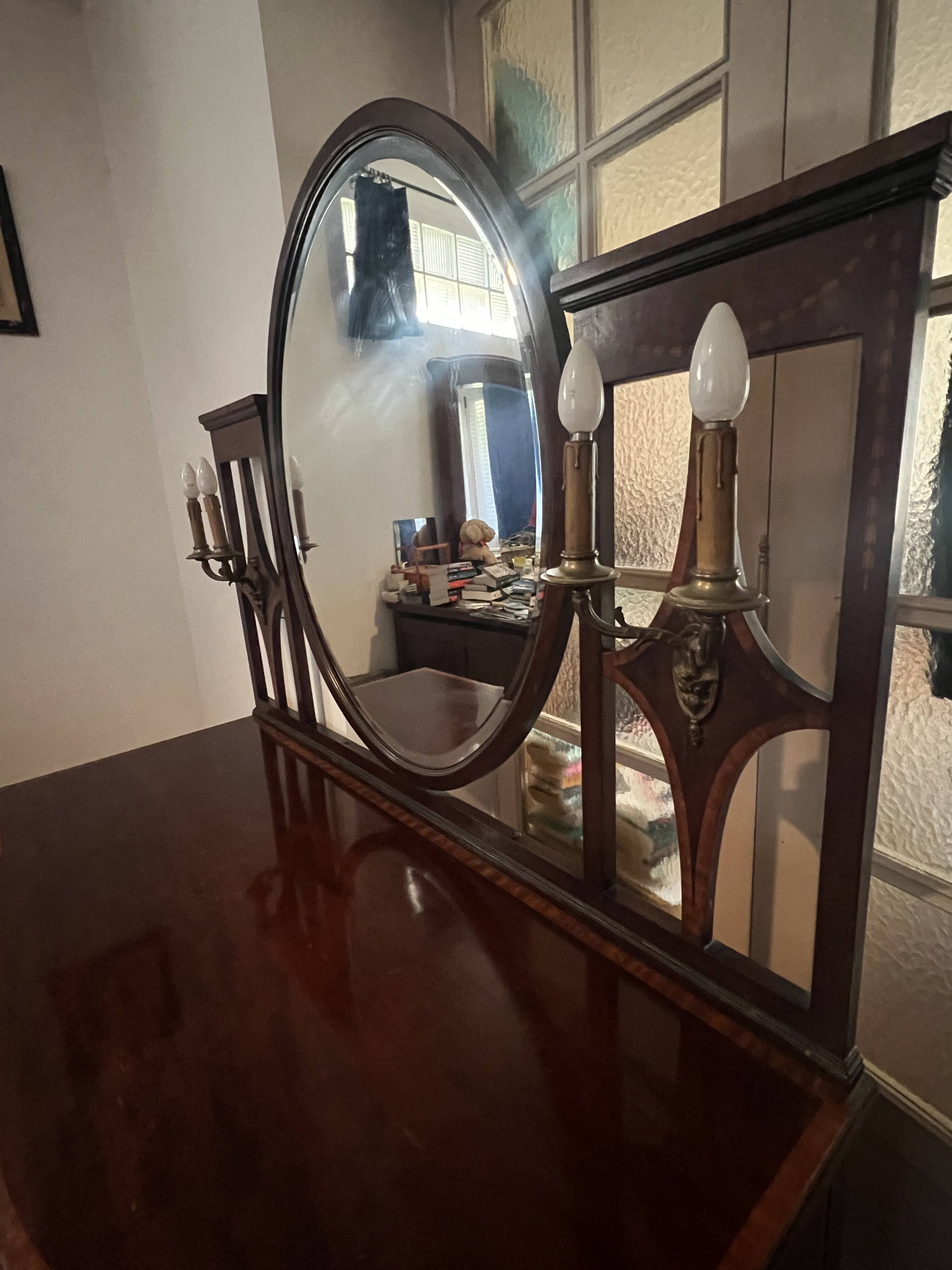 Louis XVI style dressing table – marquetry, oval mirror.