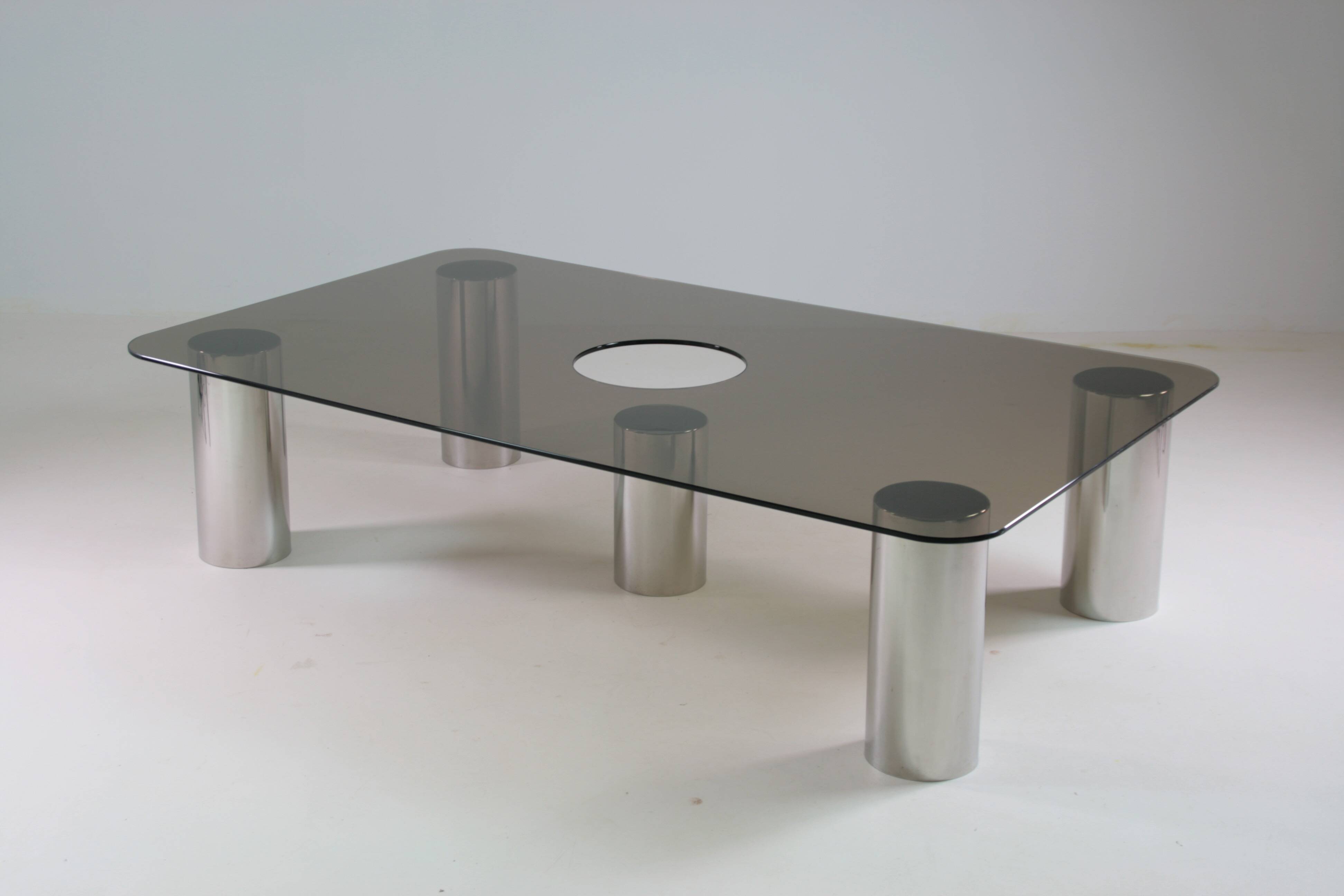 Large coffee table in chromed metal and smoked glass, Italy 1970