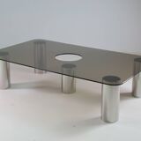Large coffee table in chromed metal and smoked glass, Italy 1970