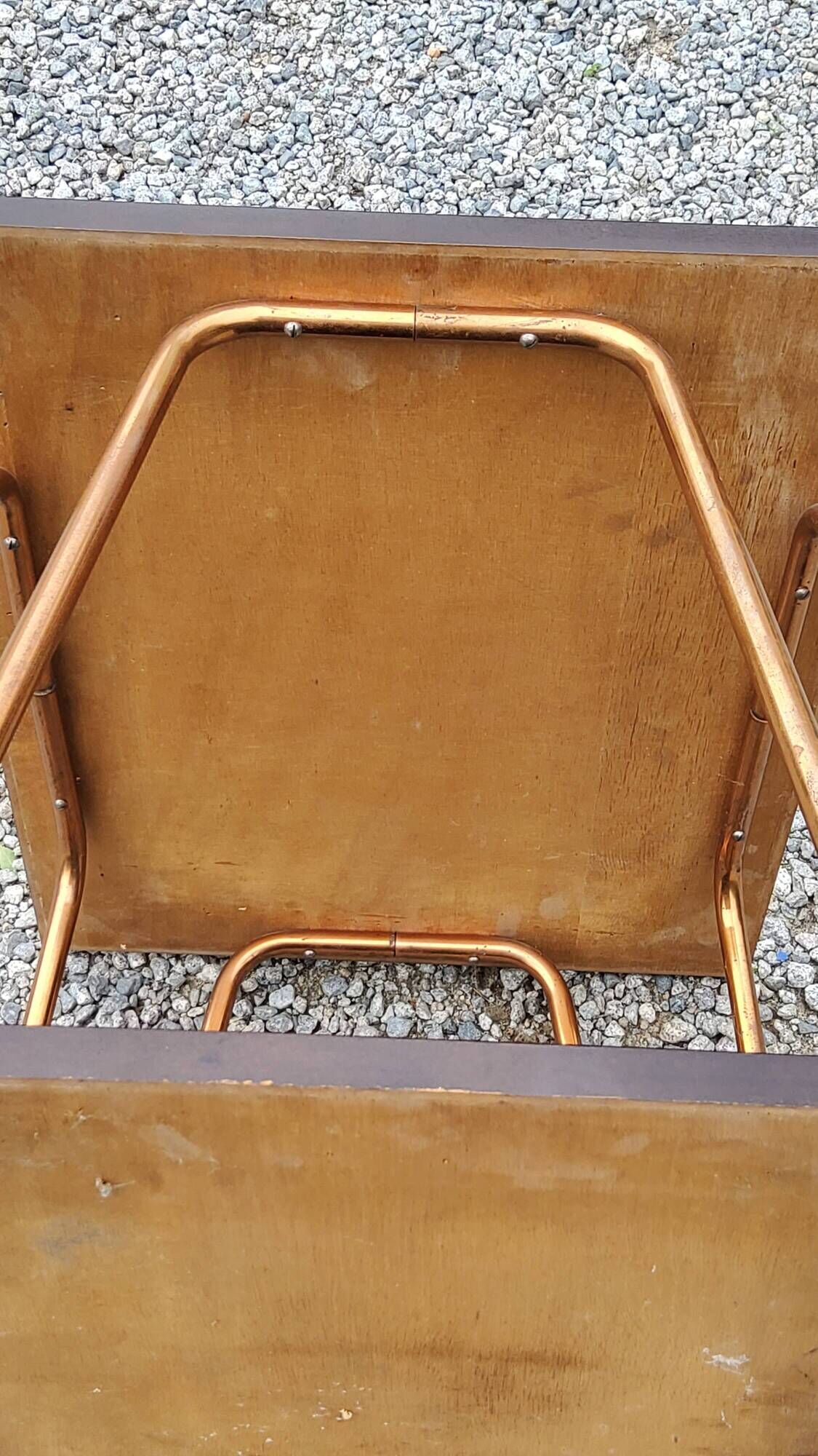 Vintage double wooden side table with copper base from the 50s