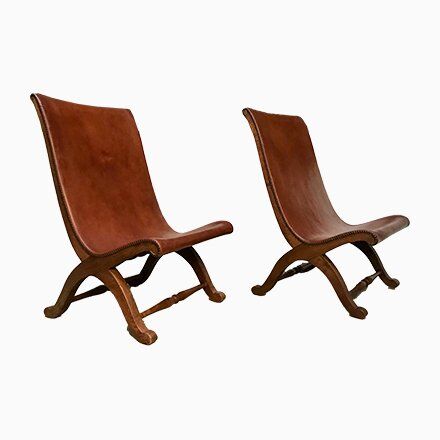 Set of 2 Spanish high-back leather slipper chairs by Pierre Lottier, 1950s