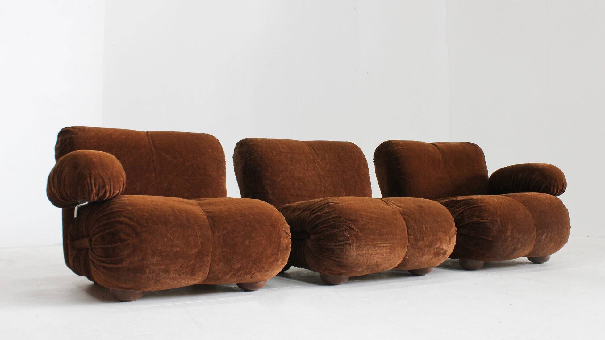 Vintage modular sofa brown velvet and chrome Italy 1970s