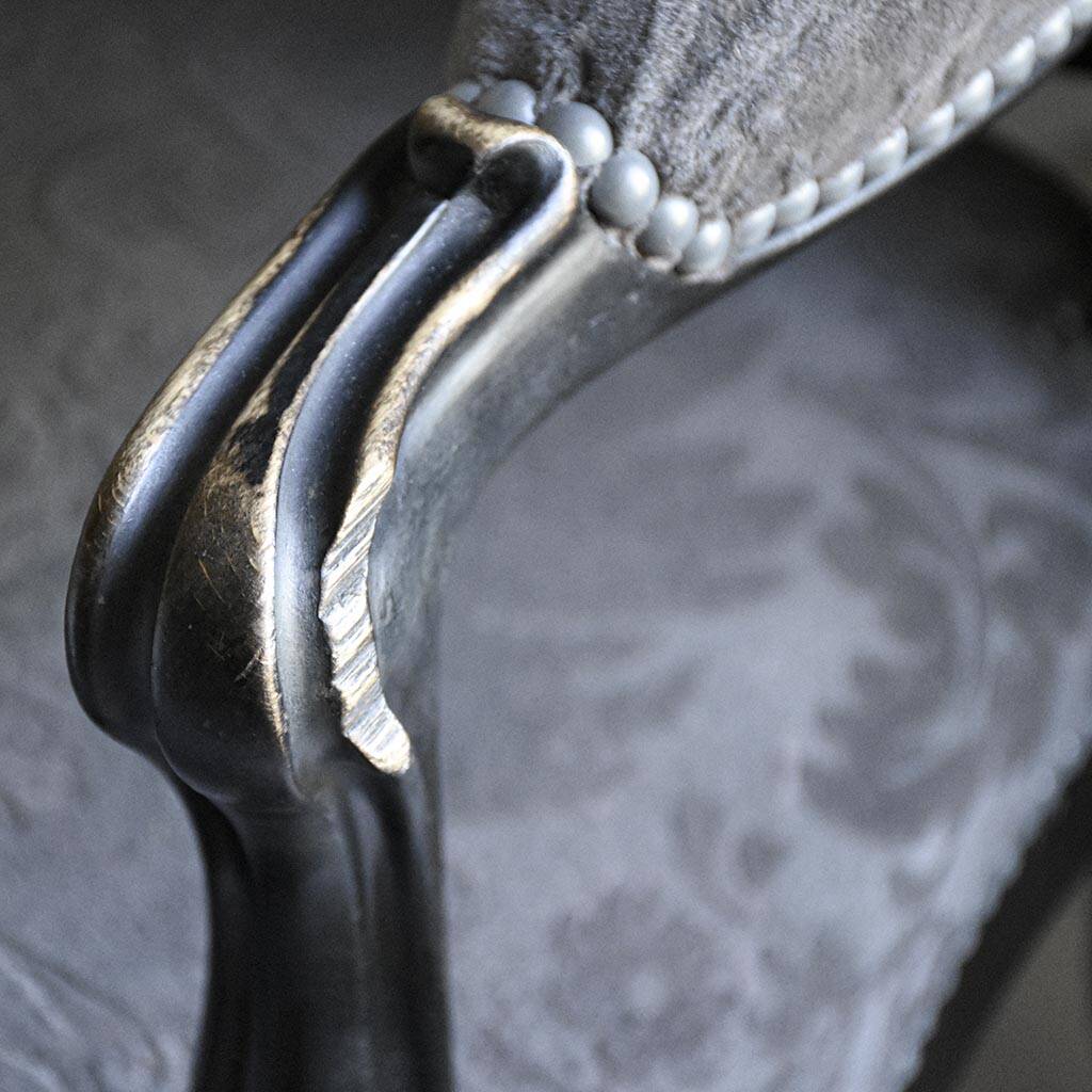 Antique armchair from the Napoléon III era, black wood with grey embossed velvet.