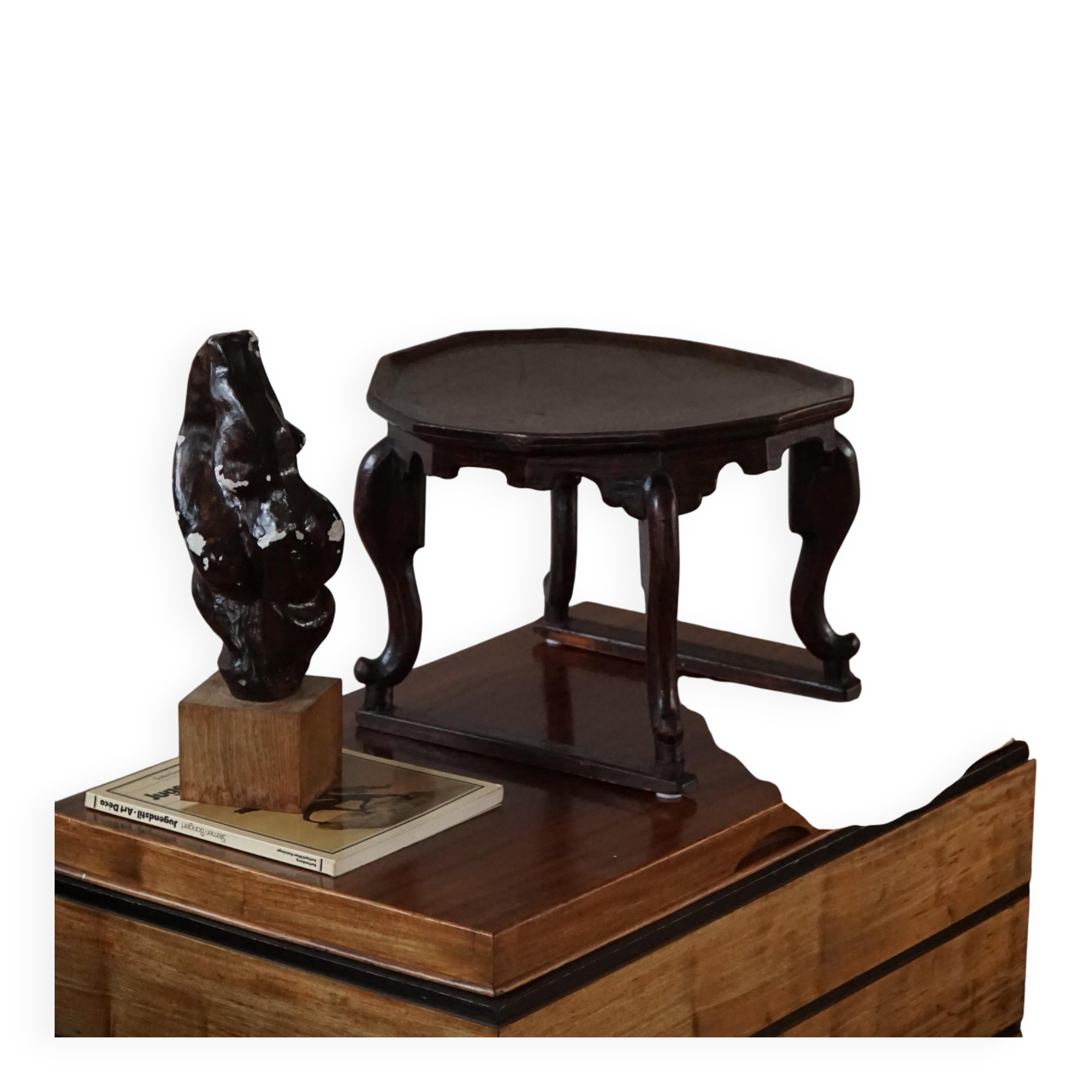 Organic Art Deco side table / solid stained wood stool, 1940s