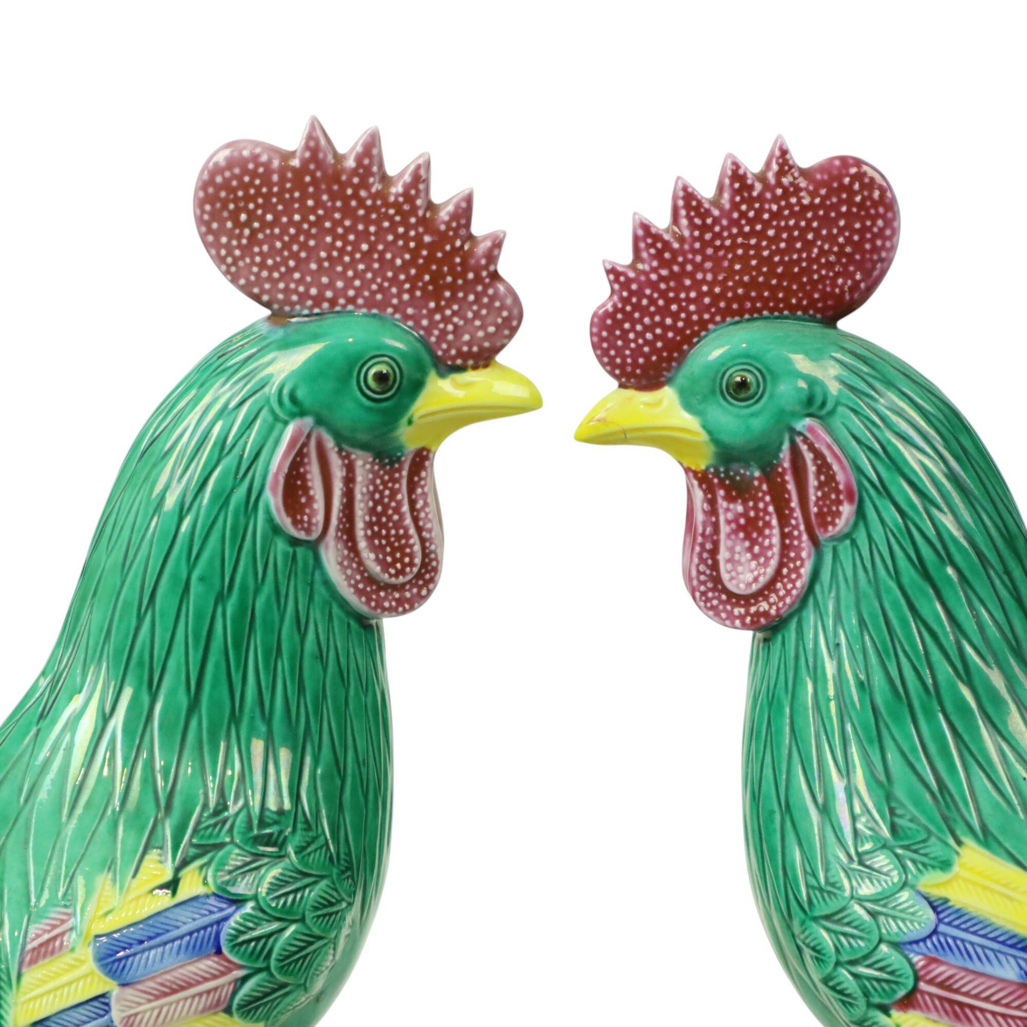 Pair of Glazed Polychrome Roosters Chinese Porcelain 34cm