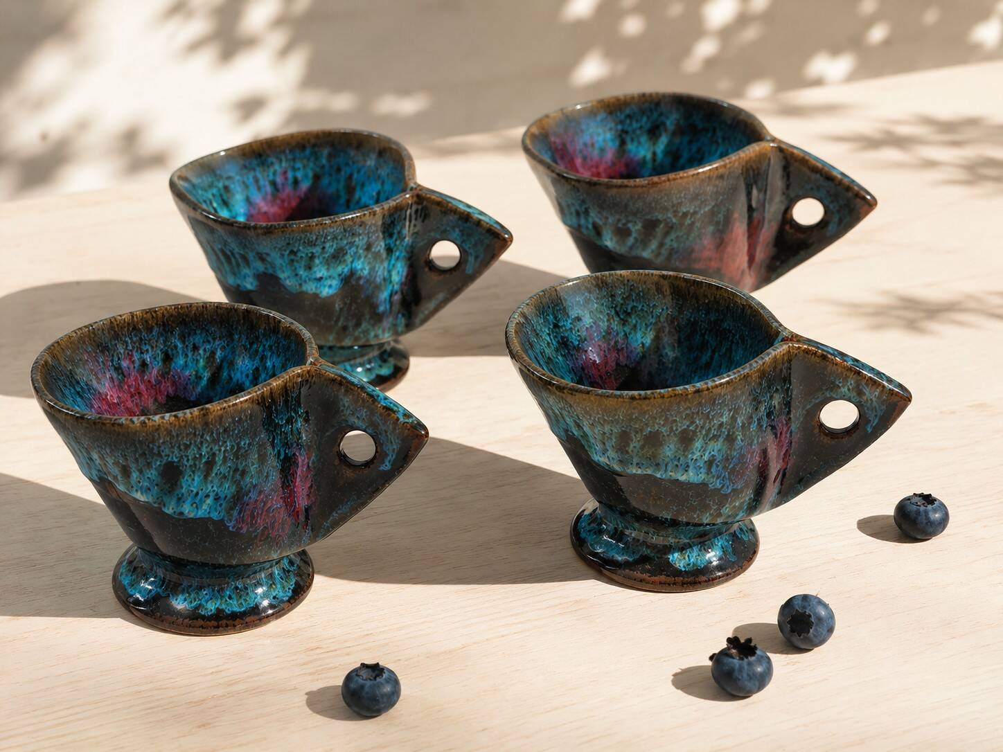 4 sculptural stoneware cups by Philippe Monroig