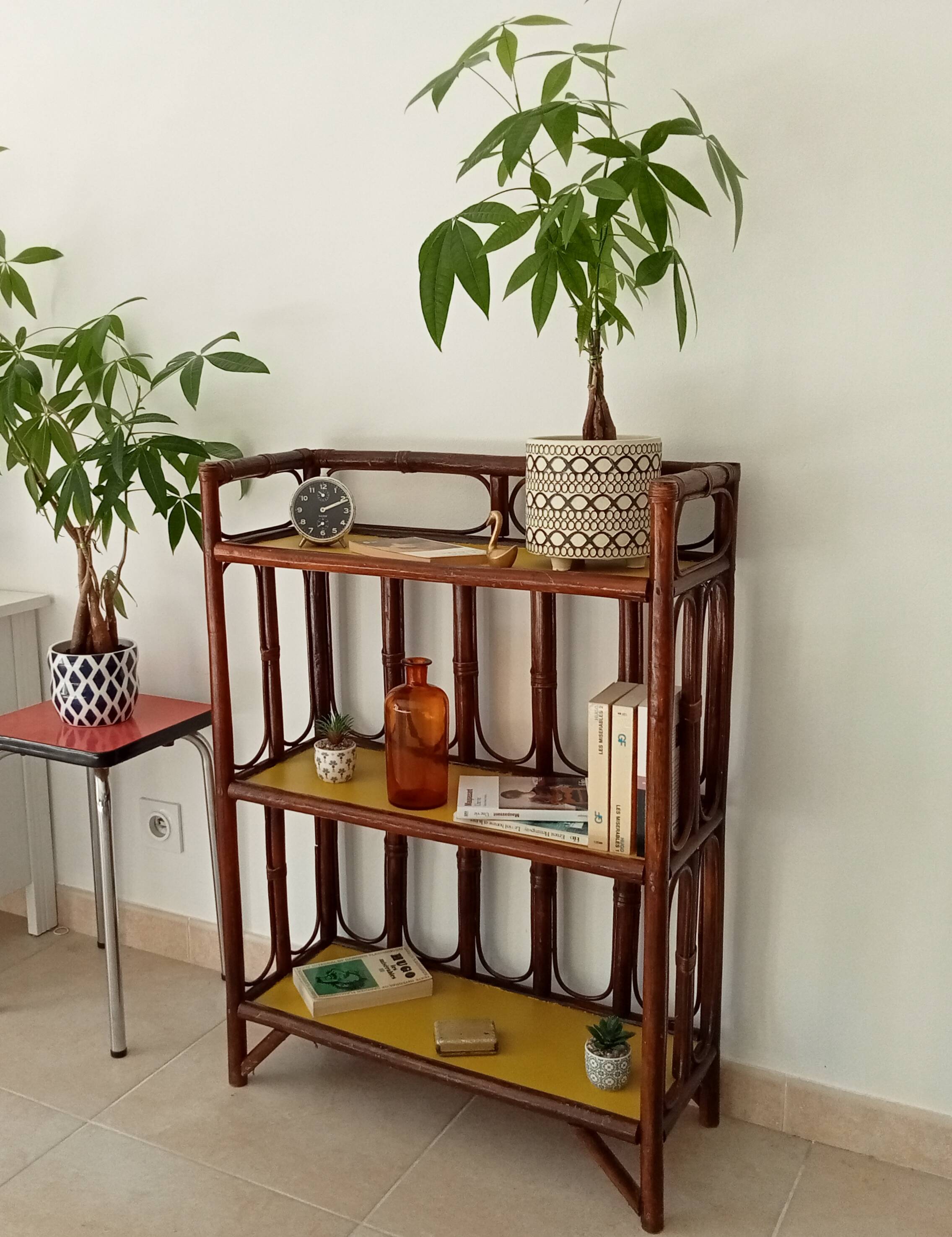 Vintage library shelf in bamboo and rattan 60s/70s