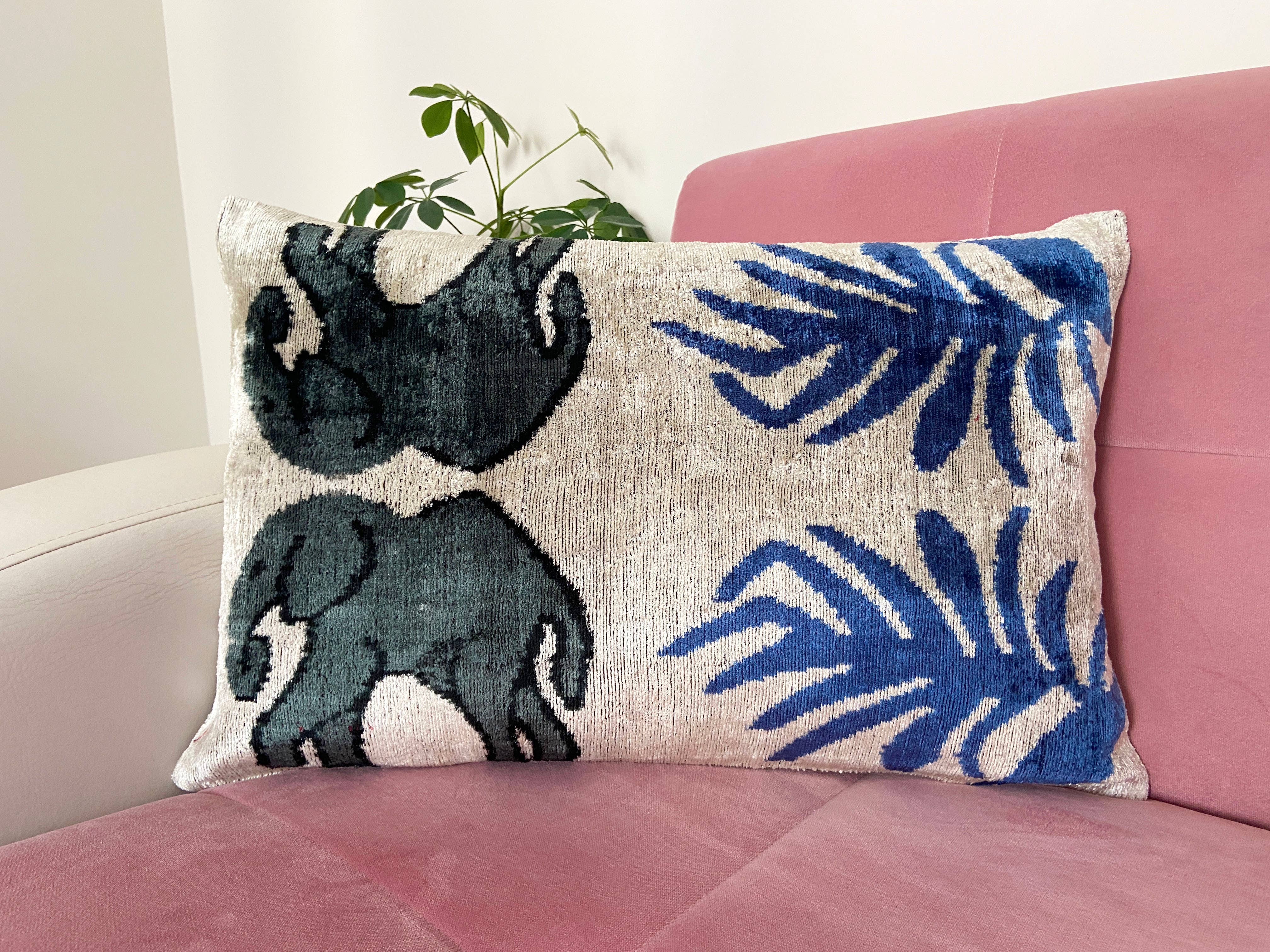 Ikat cushion in Persian elephant velvet