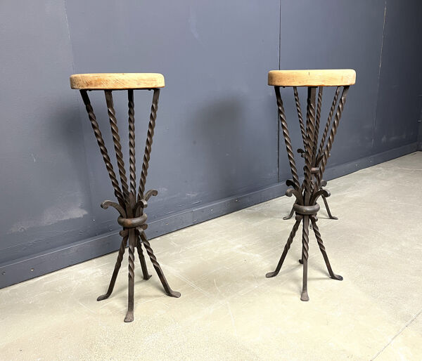 Tabourets de bar en fer forgé vintage français, années 1960 - ensemble de 3