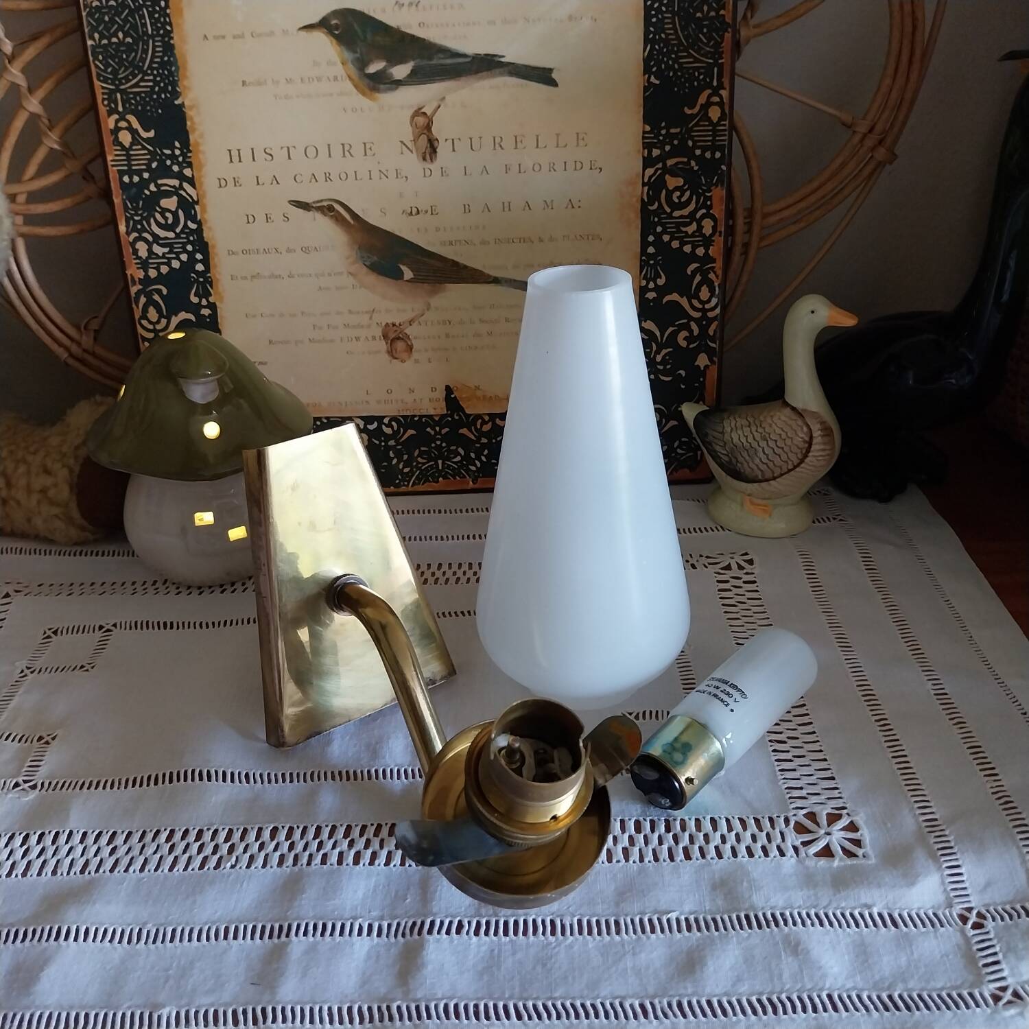 Antique brass wall lamp with opaline lampshade