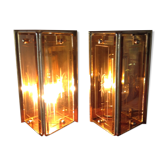Paire d'appliques vintage en verre et métal doré, années 80.