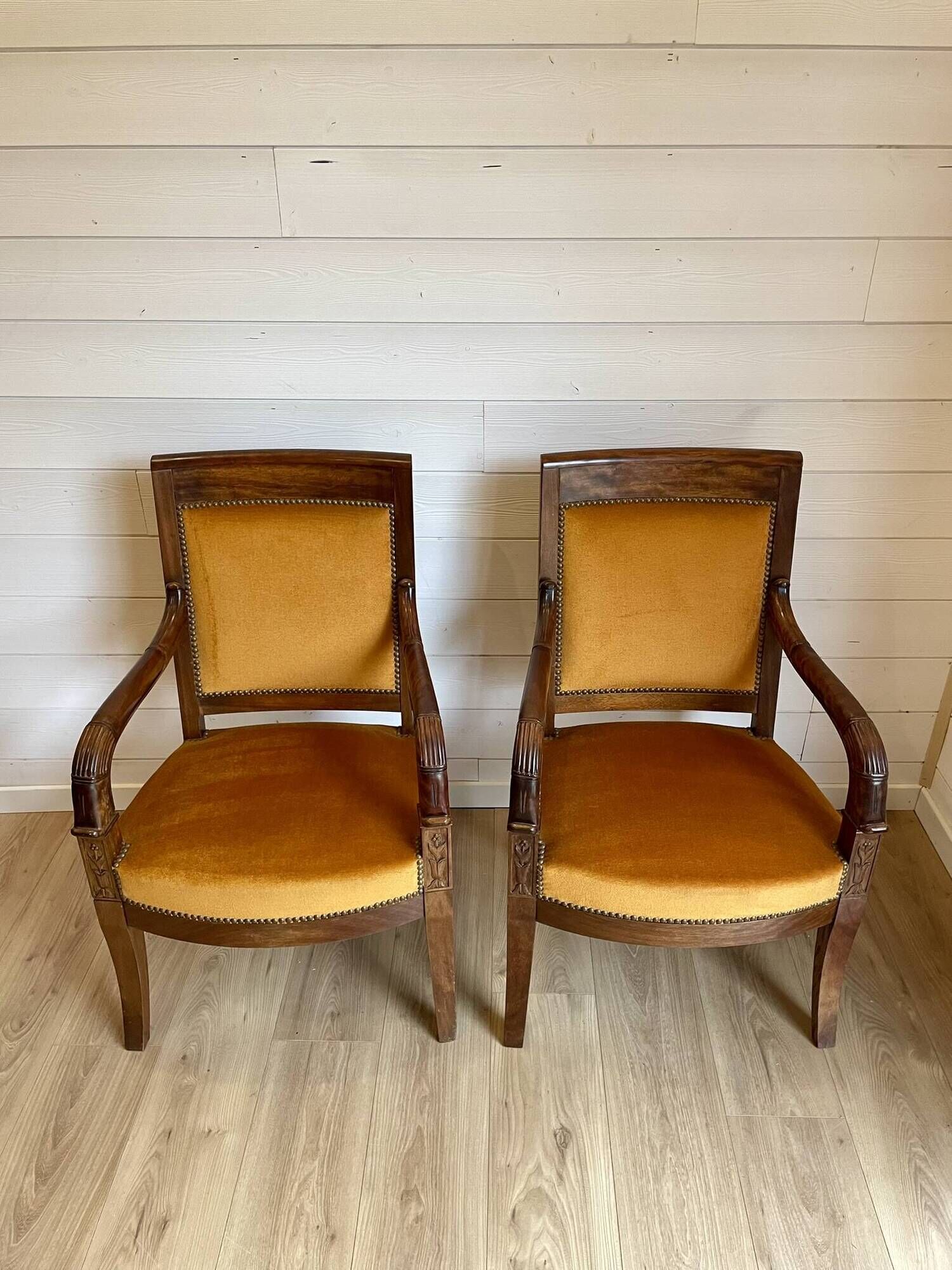 2 vintage style Directoire or Empire armchairs / cabriolets – orange velvet