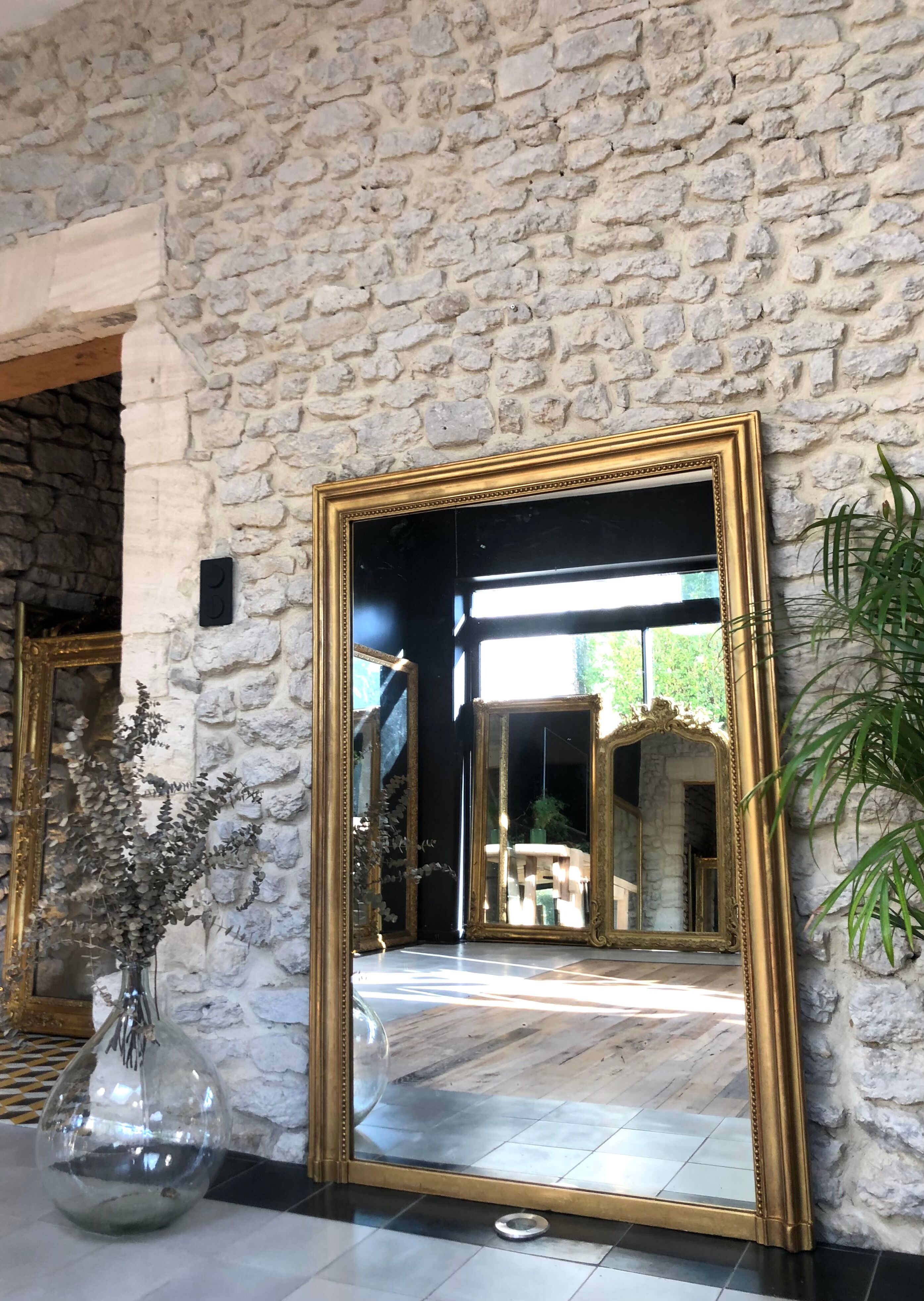 Old fireplace mirror 144cm/97.5cm, pearled, late 19th century, gilded with pricked ice leaf.